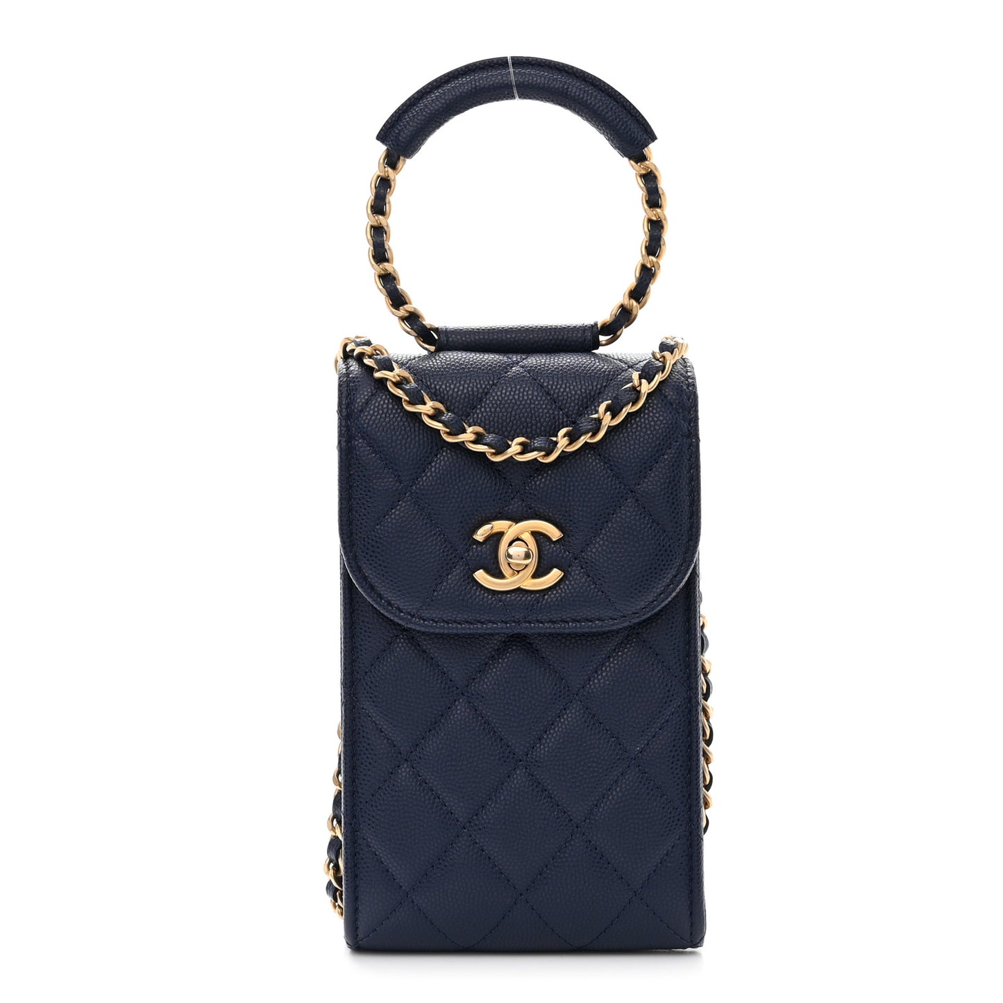 Caviar Quilted Chain Handle Round Phone Holder Dark Blue