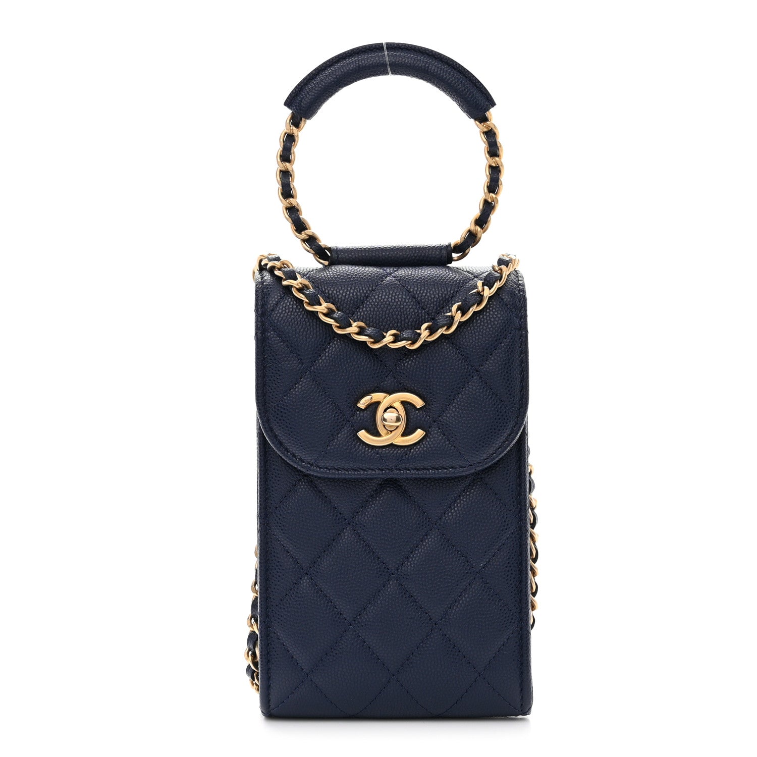 Chanel Caviar Quilted Chain Handle Round Phone Holder Dark Blue 1 of 12