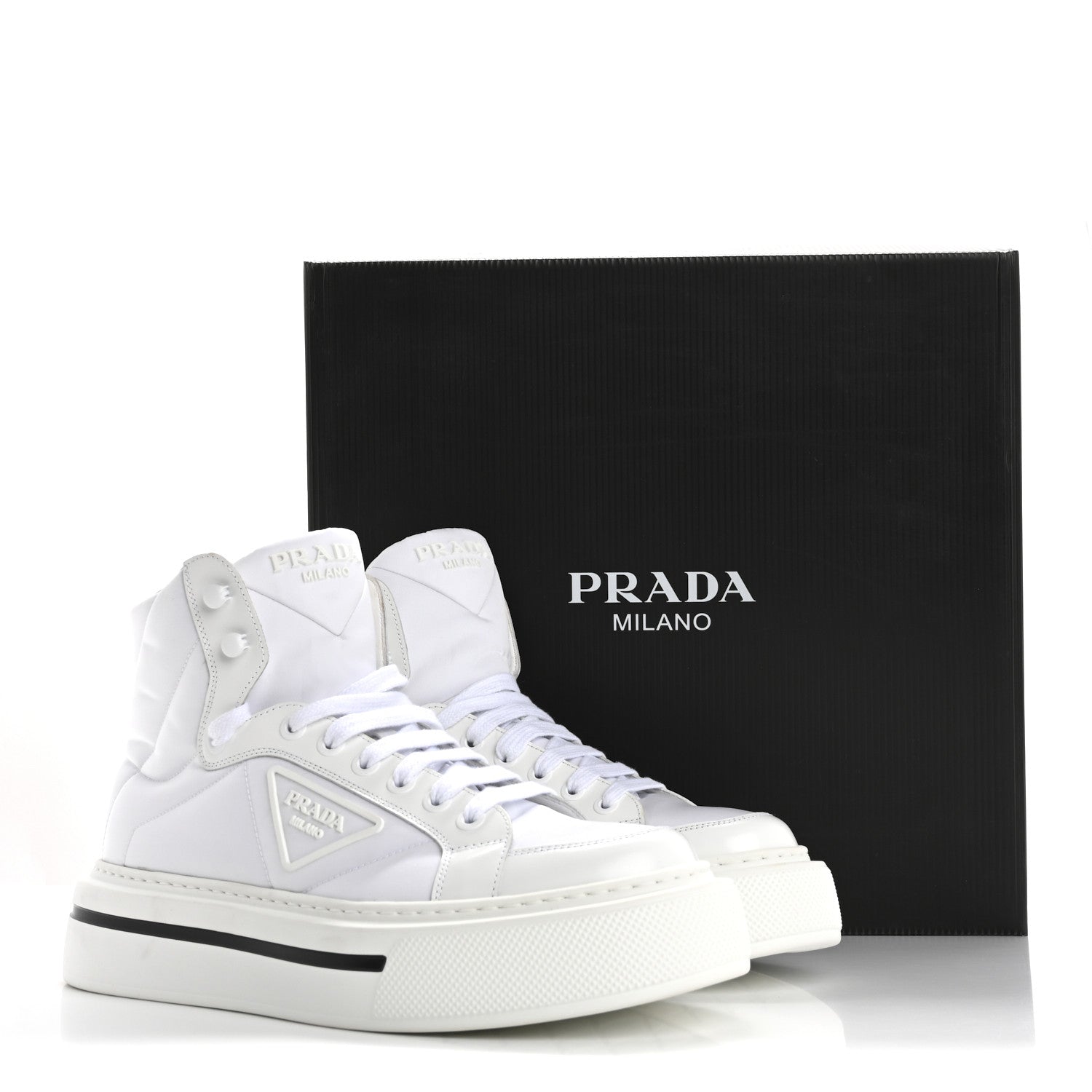 Prada Re-Nylon Gabardine Spazzolato Macro Quilted Triangle Logo Mens High Top 45mm Sneakers 8.5 White 10 of 10