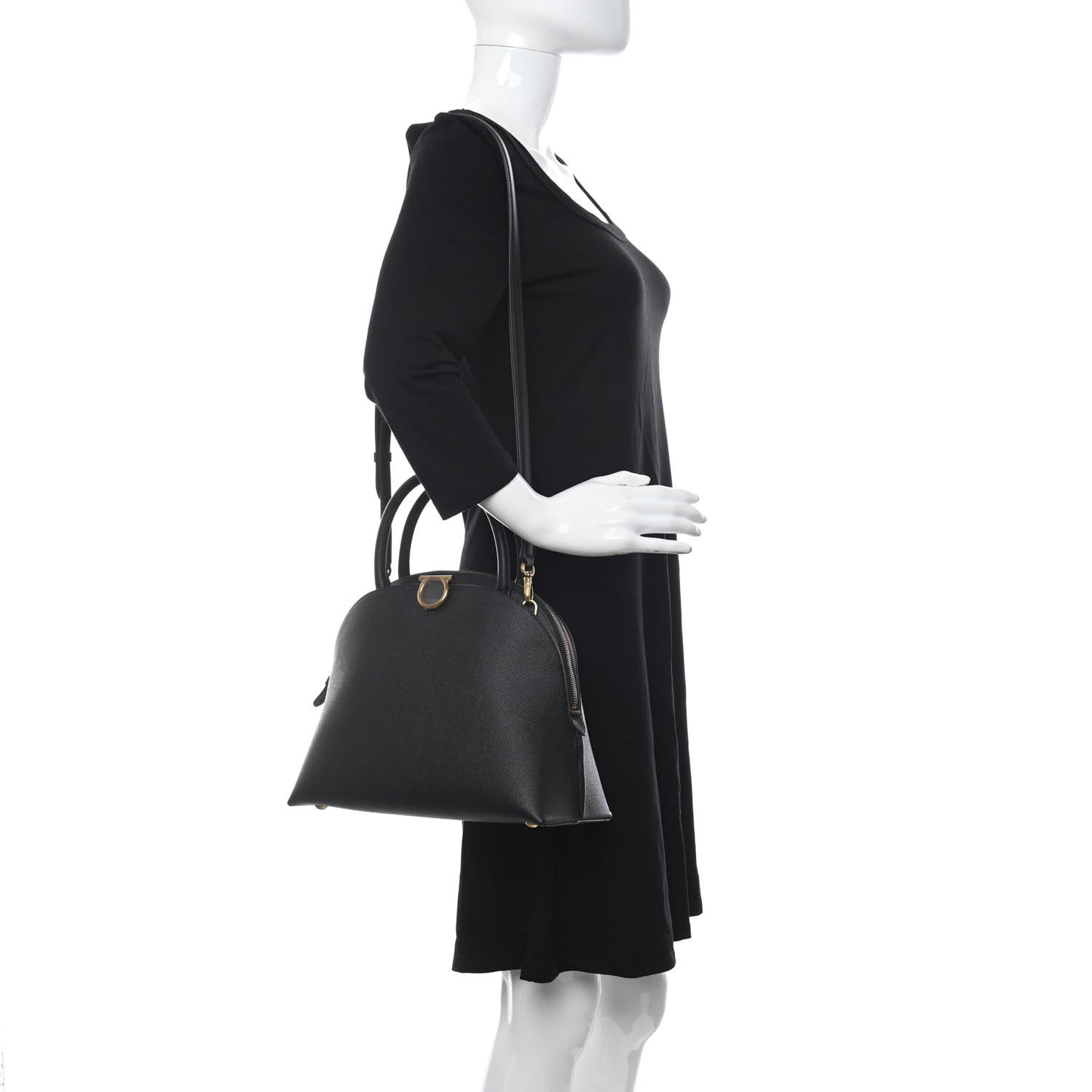 Hammered Calfskin Medium Gancini Top Handle Bag Black