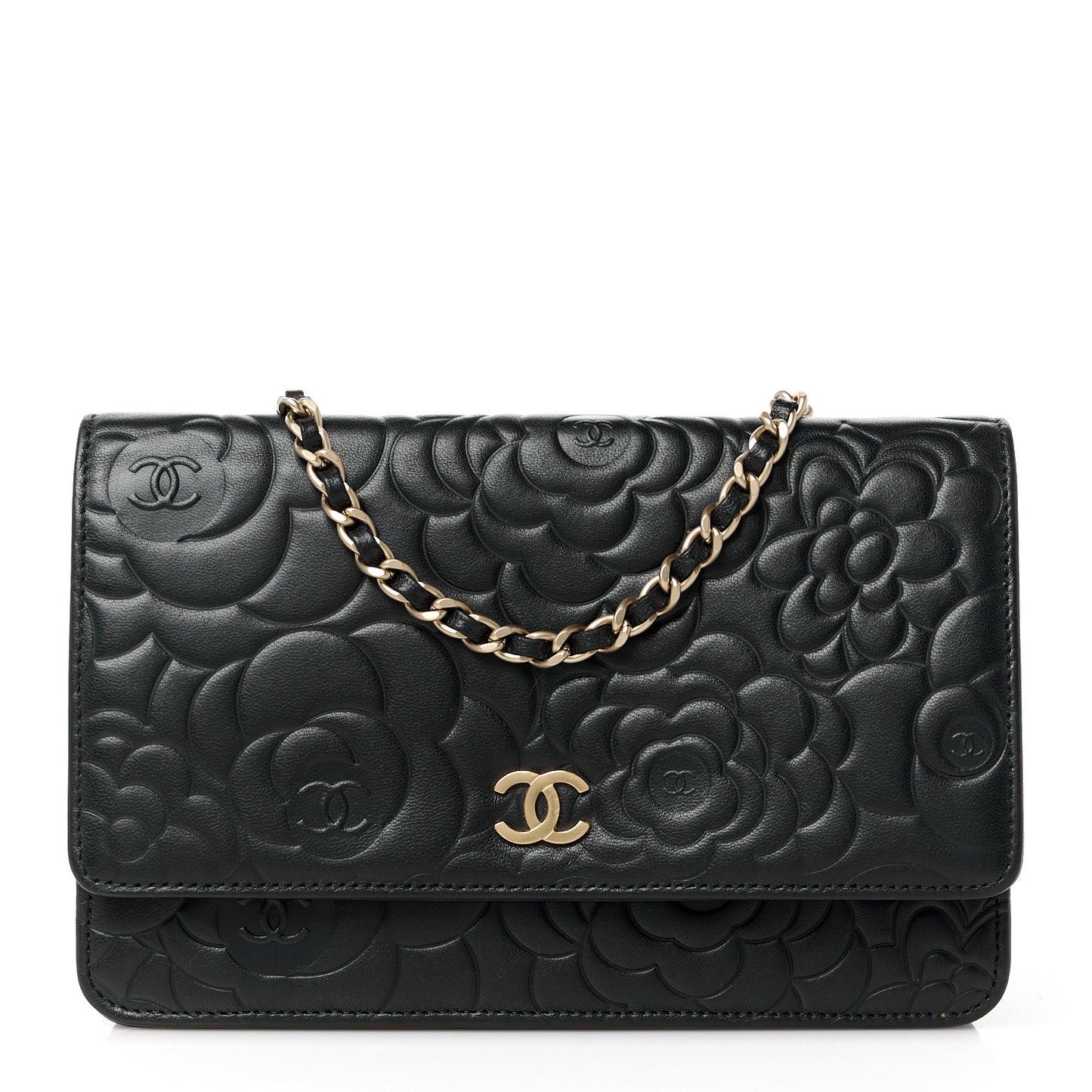 Lambskin Camellia Embossed Wallet on Chain WOC Black