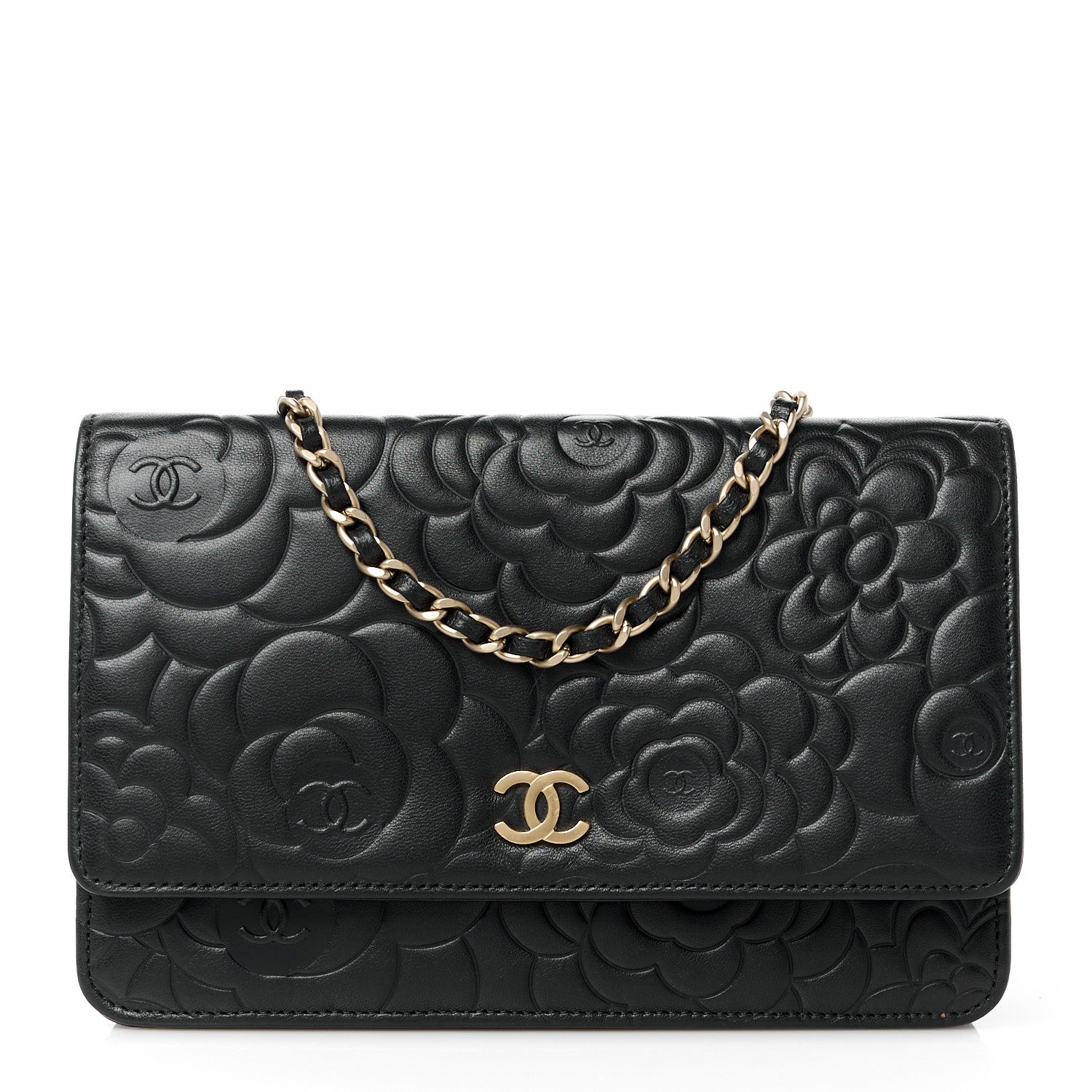 Chanel Lambskin Camellia Embossed Wallet on Chain WOC Black 1 of 11