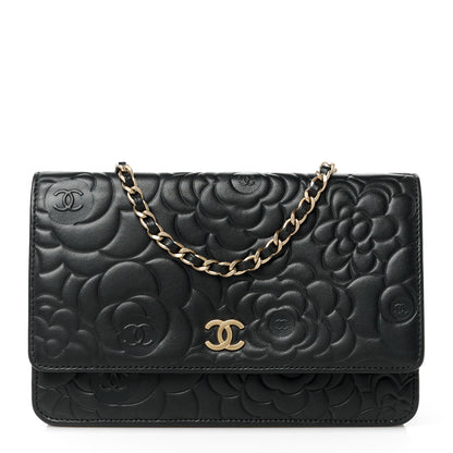 Chanel Lambskin Camellia Embossed Wallet on Chain WOC Black 1 of 11