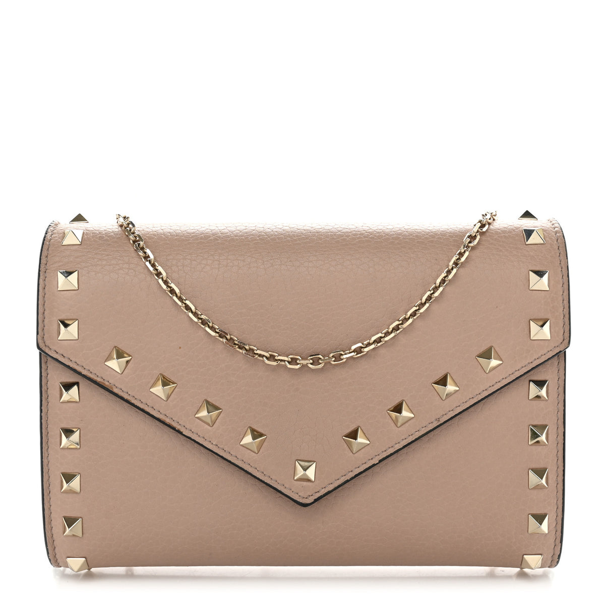 Pebbled Calfskin Rockstud Envelope Wallet on Chain Poudre