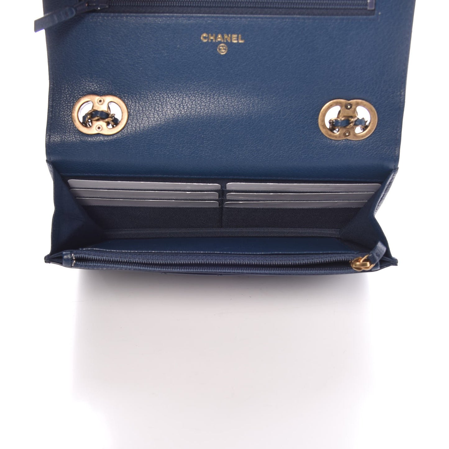 Patent Goatskin Quilted CC Eyelet Wallet On Chain WOC Blue