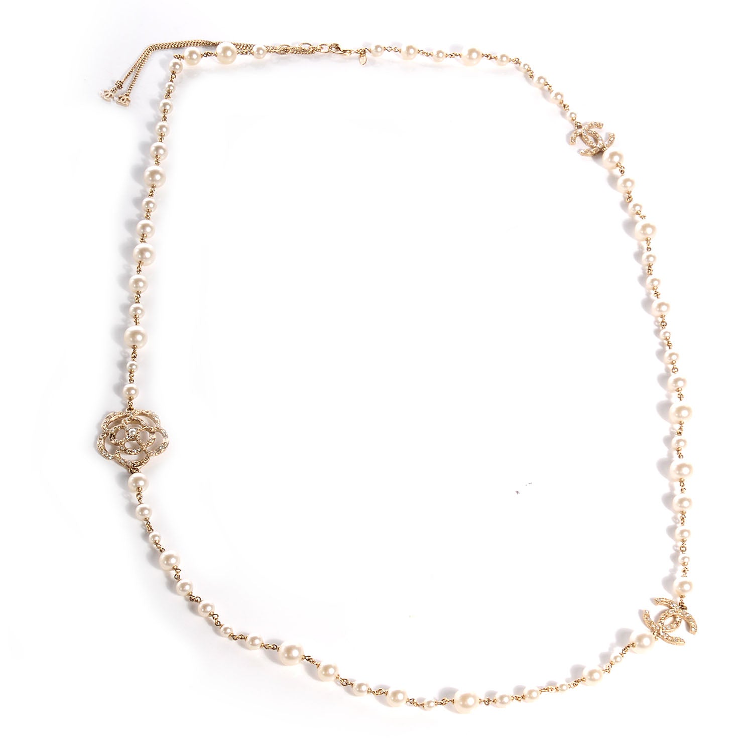 Chanel Pearl Crystal Camellia CC Necklace Gold 3 of 8