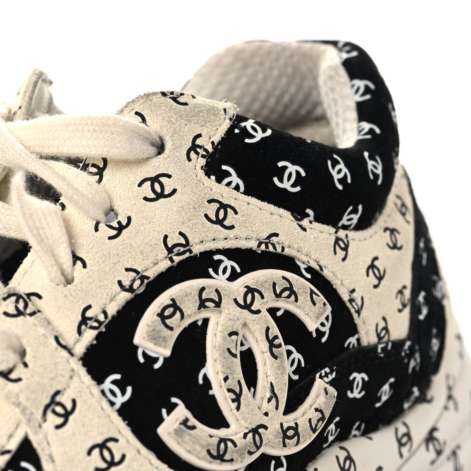 Chanel Nylon Suede Calfskin Printed CC Sneakers 37.5 White Black 9 of 10
