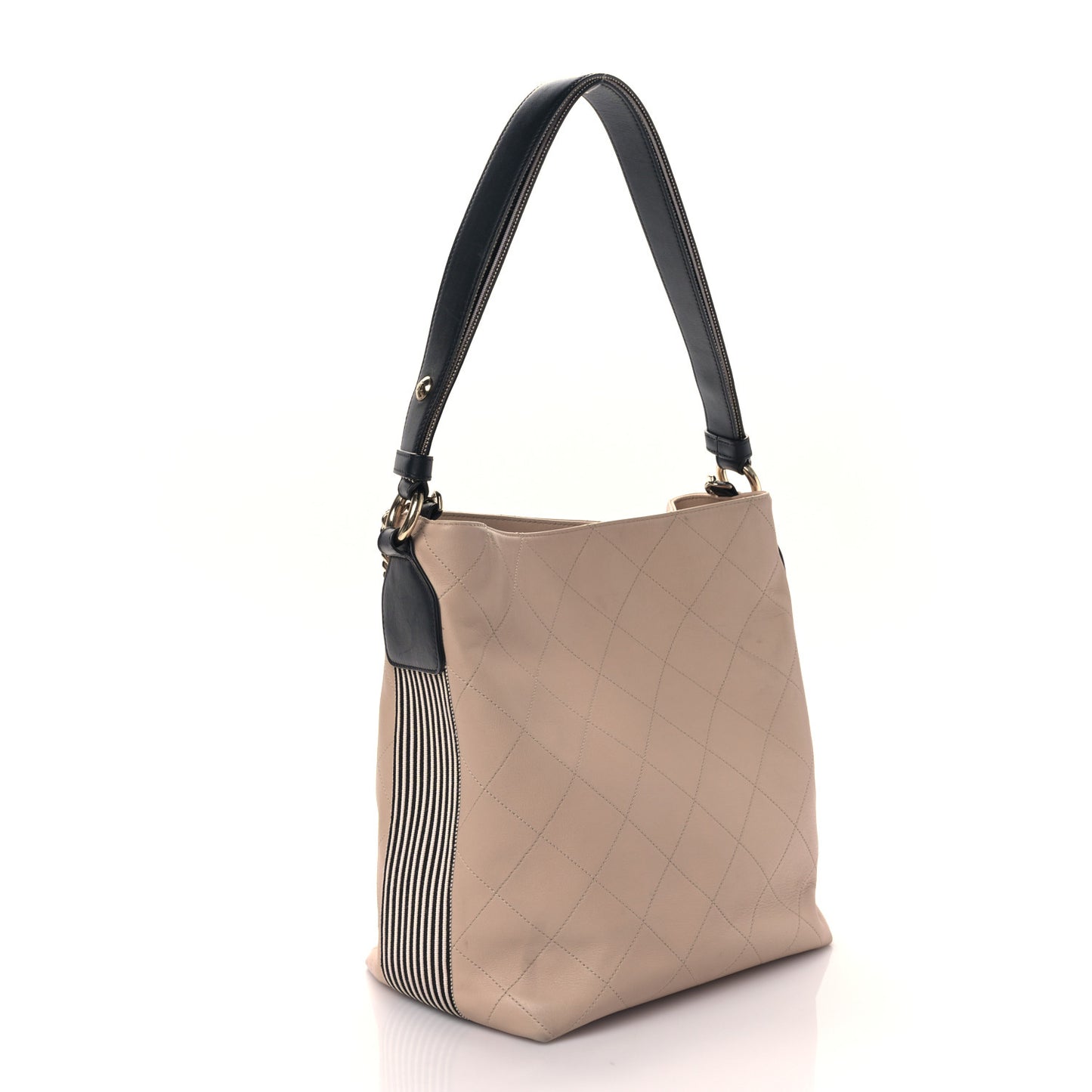 Calfskin Stitched Large Stripe Hobo Beige Black