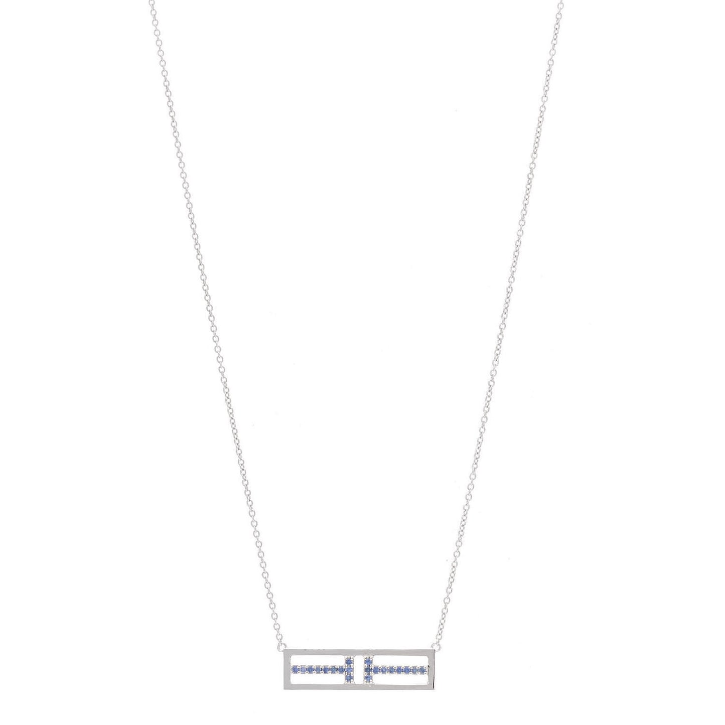 18K White Gold Blue Sapphire T Open Horizontal Bar Pendant Necklace
