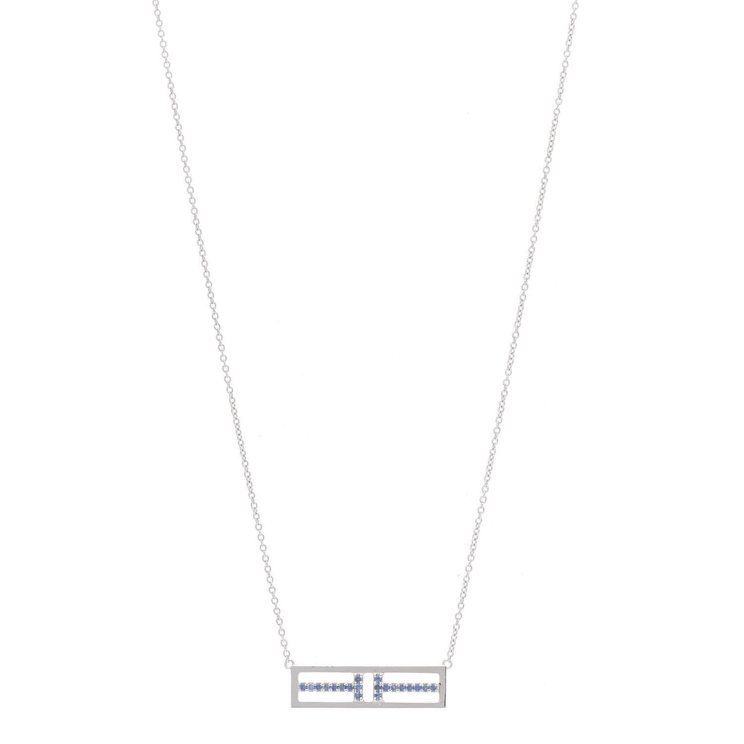 Tiffany 18K White Gold Blue Sapphire T Open Horizontal Bar Pendant Necklace 1 of 7