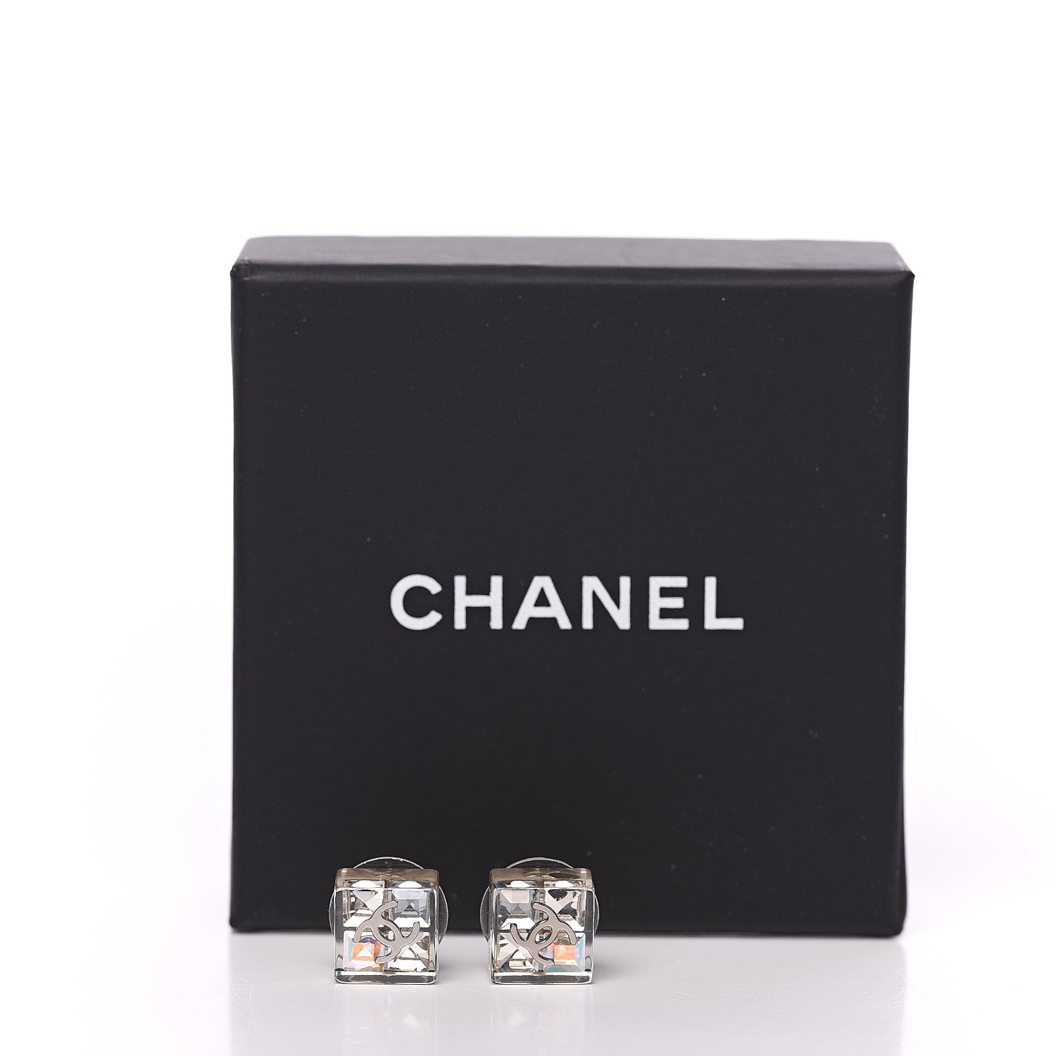 Chanel Transparent Resin Iridescent Crystal CC Cube Earrings Silver 4 of 4
