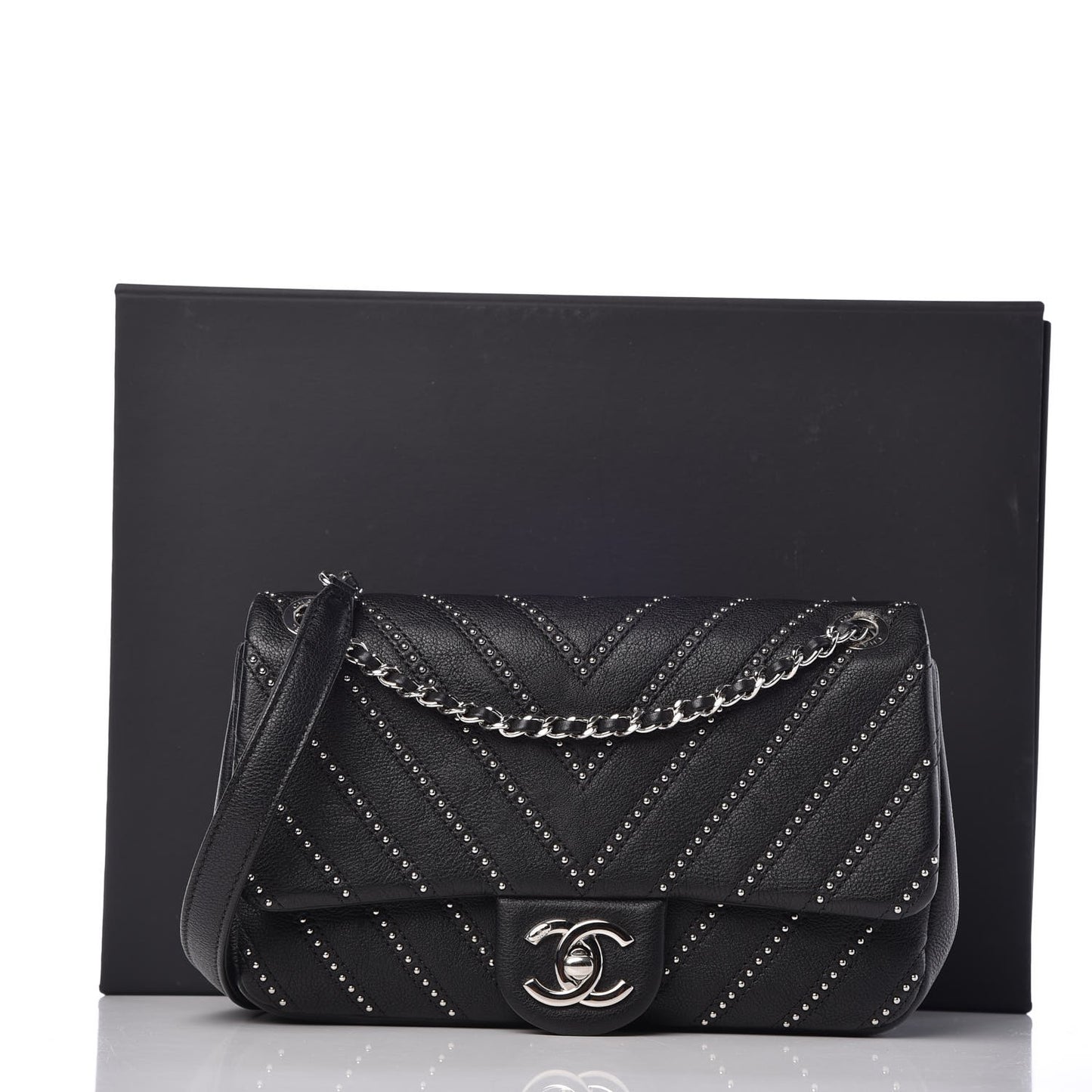Calfskin Studded Chevron Quilted Wars Flap Black