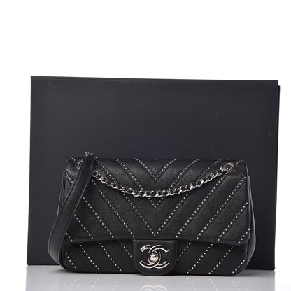 Chanel Calfskin Studded Chevron Quilted Wars Flap Black 10 of 10