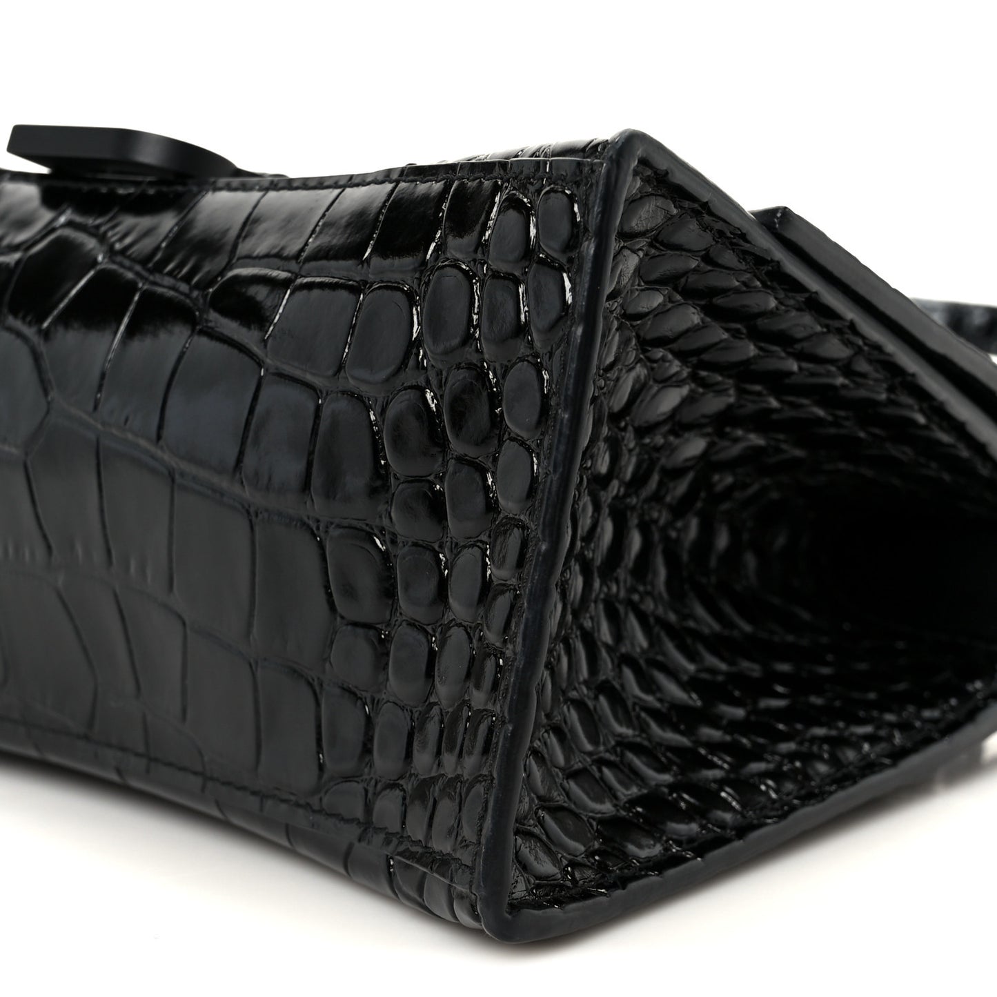 Shiny Calfskin Monochrome Crocodile Embossed Small Hourglass Top Handle Bag Black