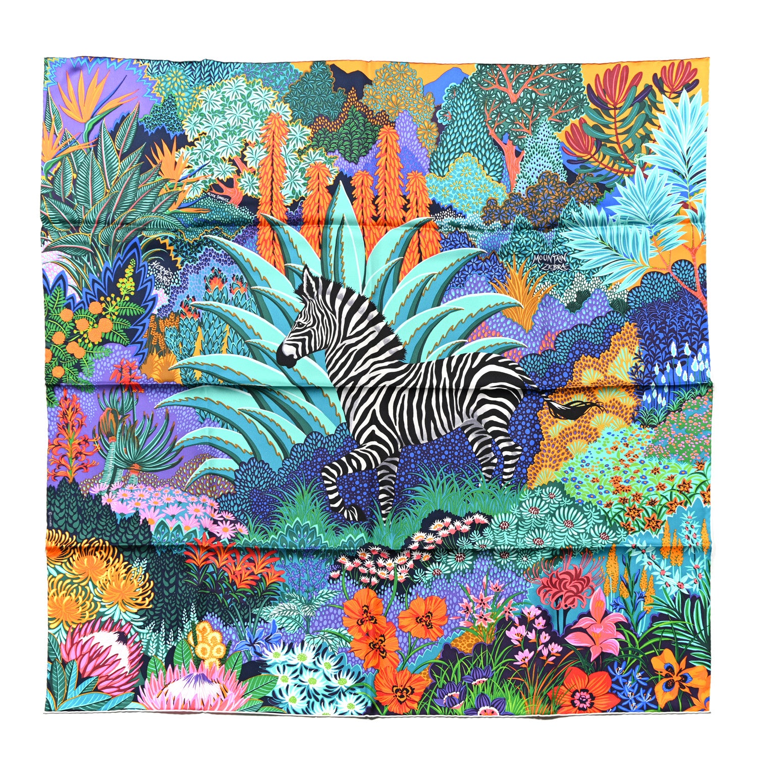 Hermes Silk Mountain Zebra Scarf 90 Turquoise Orange 1 of 6