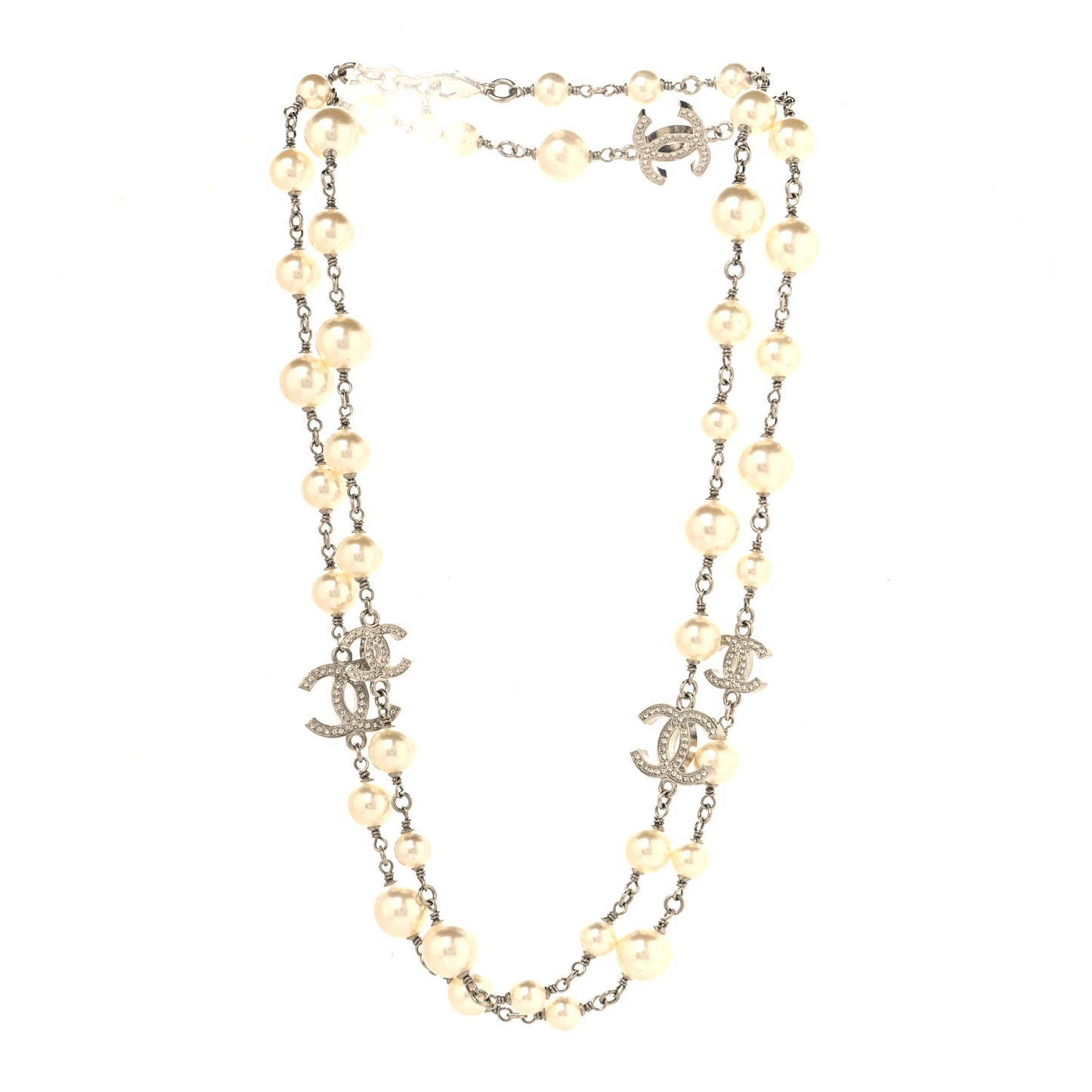 Graduated Pearl Crystal CC Long Necklace Silver