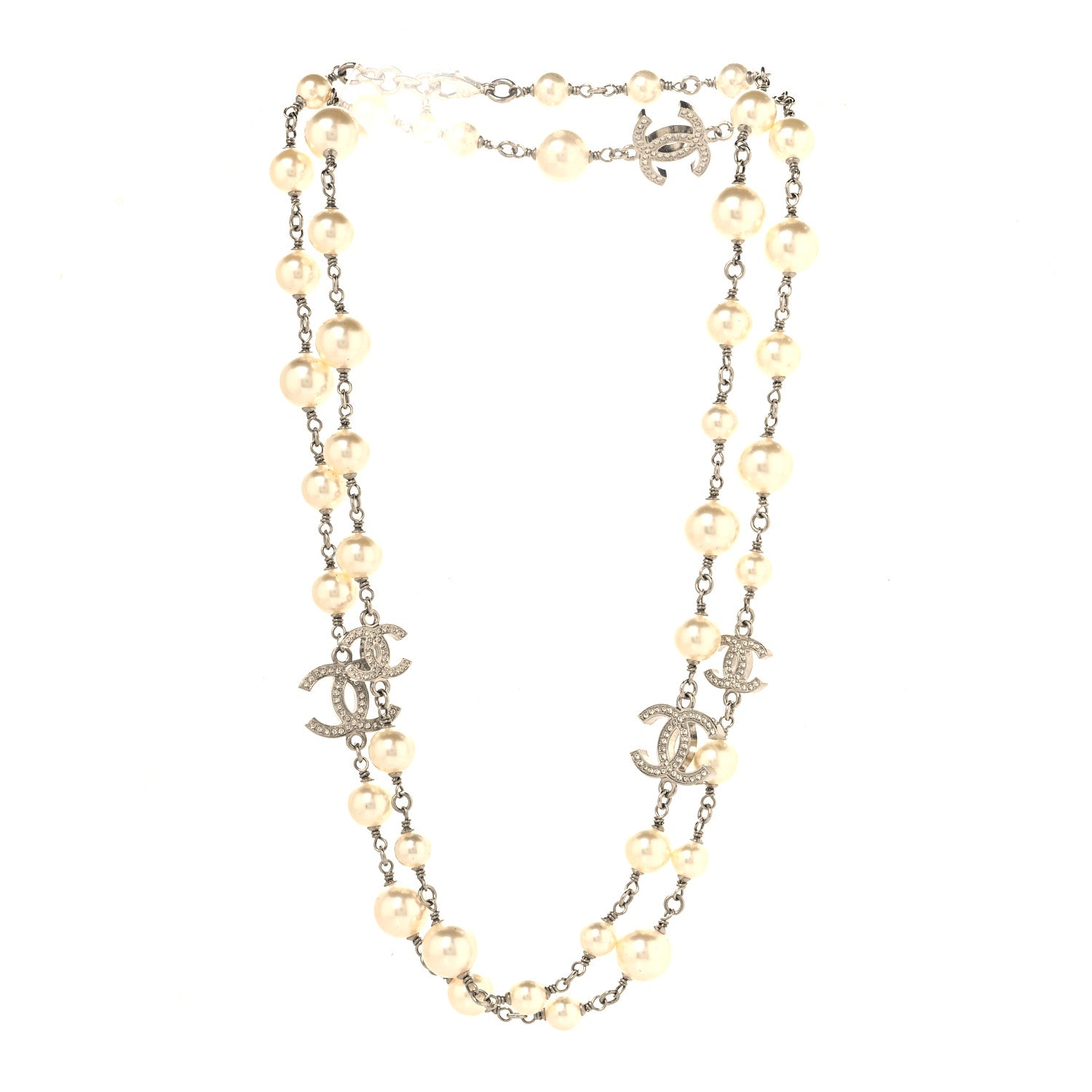 Chanel Graduated Pearl Crystal CC Long Necklace Silver 3 of 5