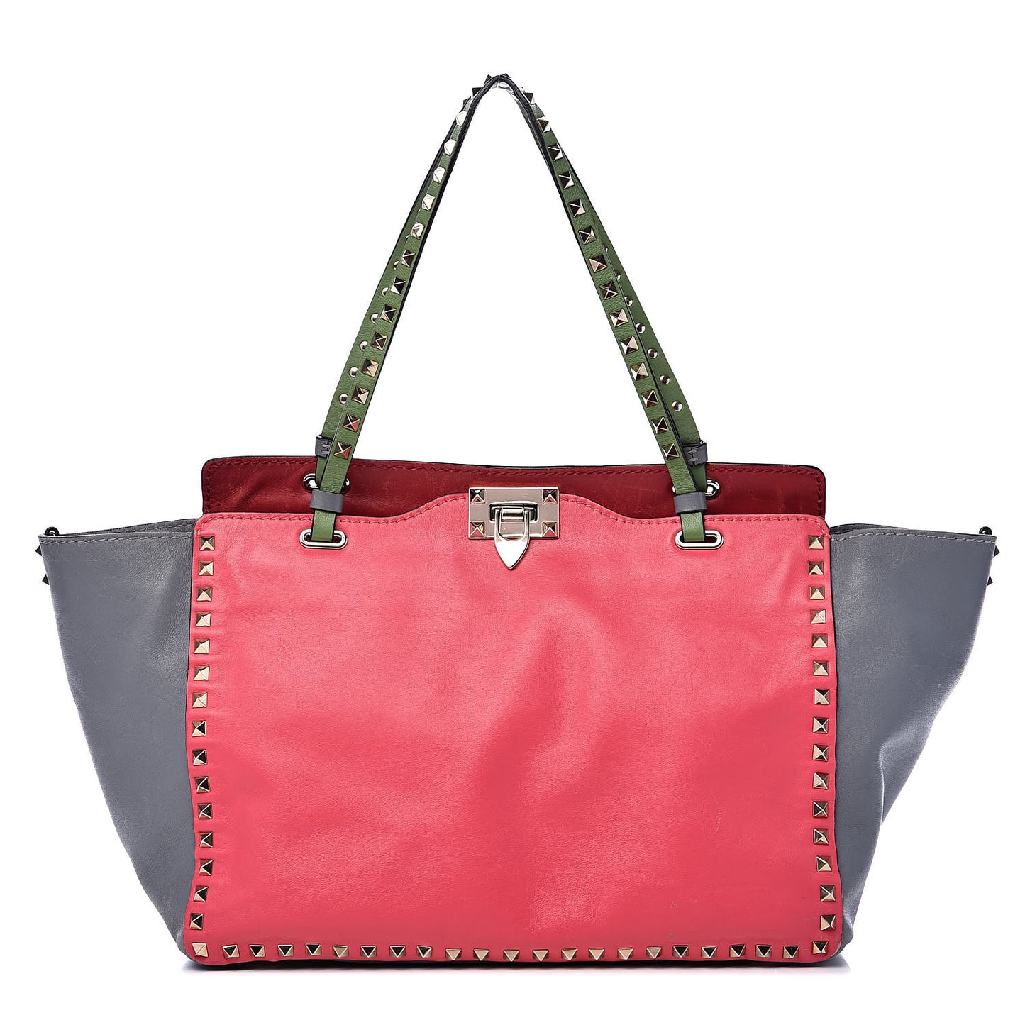 Vitello Colorblock Medium Rockstud Tote Deep Rose Clover Grey Scarlet