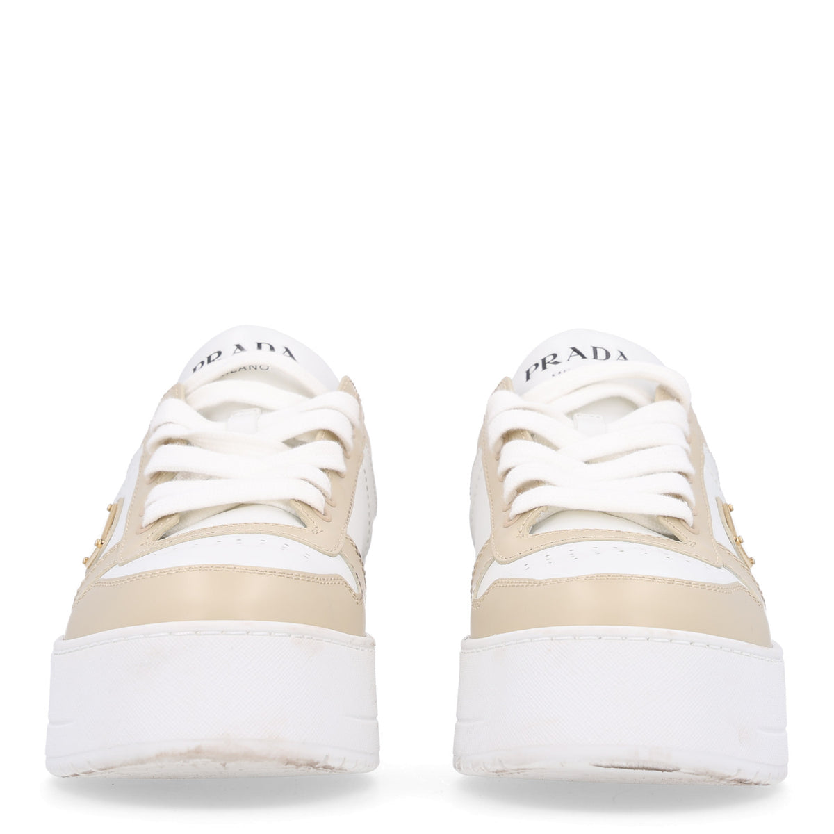 Prada Vitello Rois Triangle Womens Downtown Platform Low Top Sneakers 41 Beige White 3 of 10