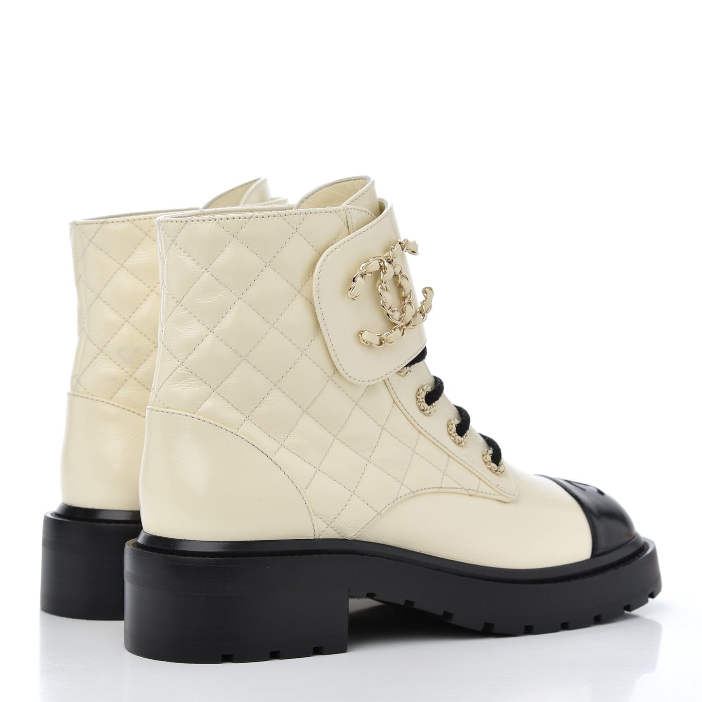 Shiny Goatskin Calfskin Quilted Lace Up Combat Boots 37.5 White Black