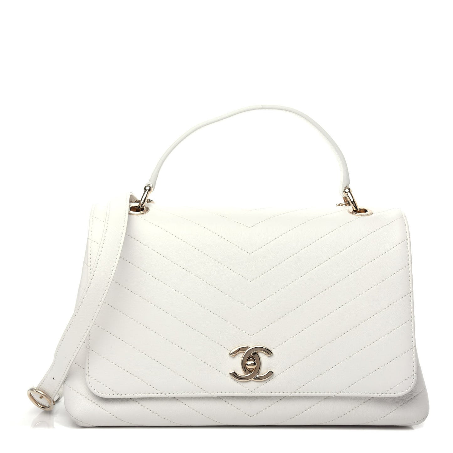 Grained Calfskin Stitched Medium Chevron Chic Top Handle Flap White