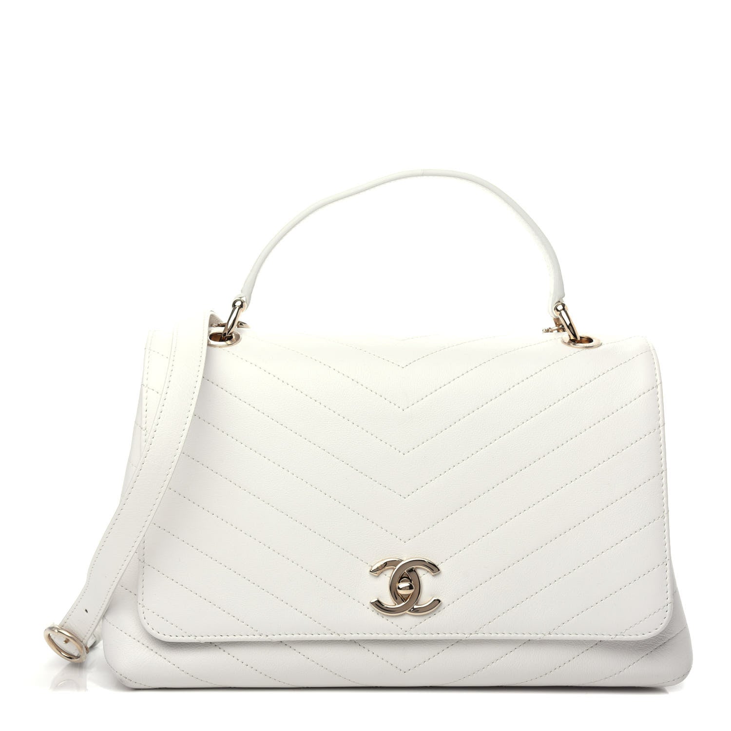 Chanel Grained Calfskin Stitched Medium Chevron Chic Top Handle Flap White 1 of 13