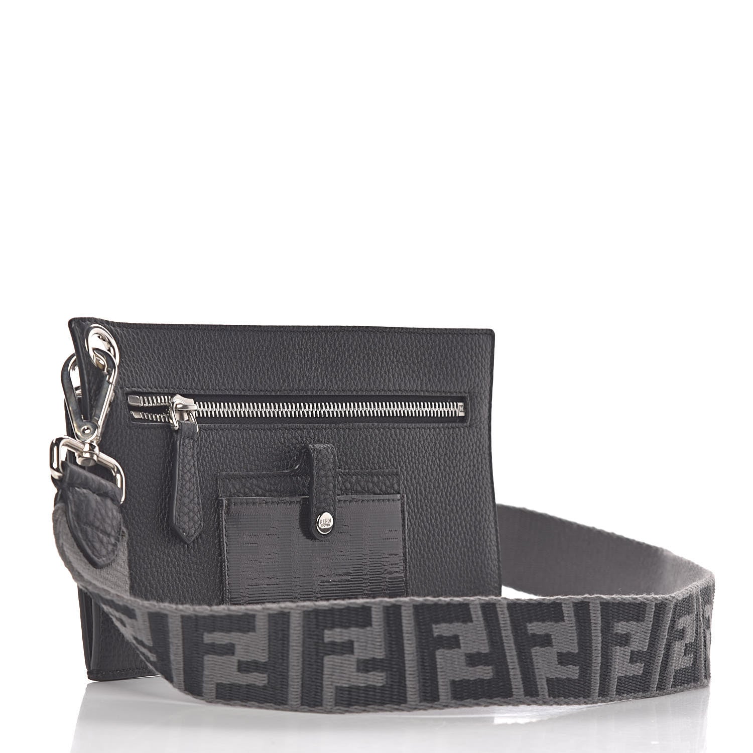 Fendi Cuoio Romano Glazed Fabric FF 1974 Wallet on Strap Black 3 of 10