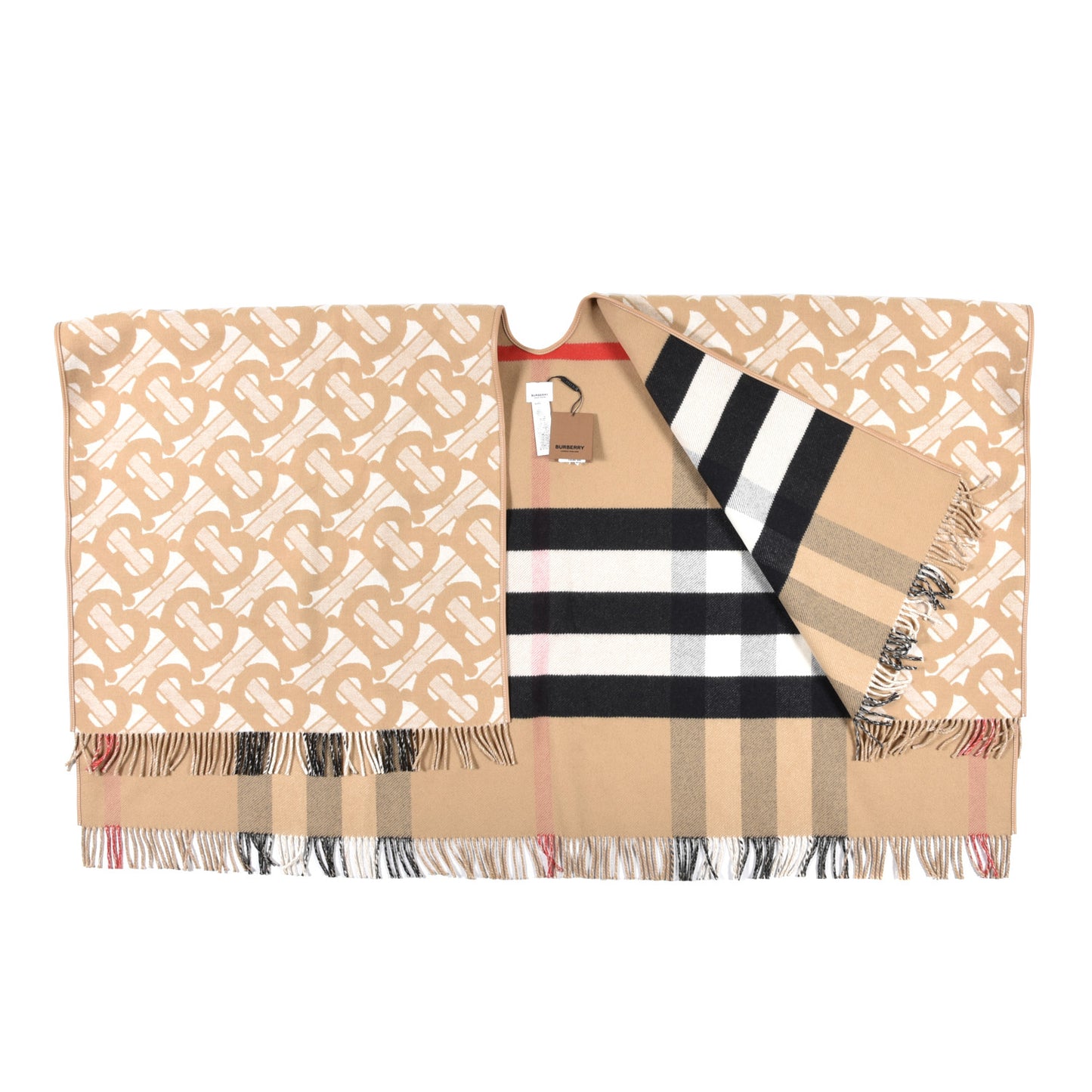 Wool Cashmere Lambskin Monogrammed TB Print Half Mega Check Cape Scarf Archive Beige