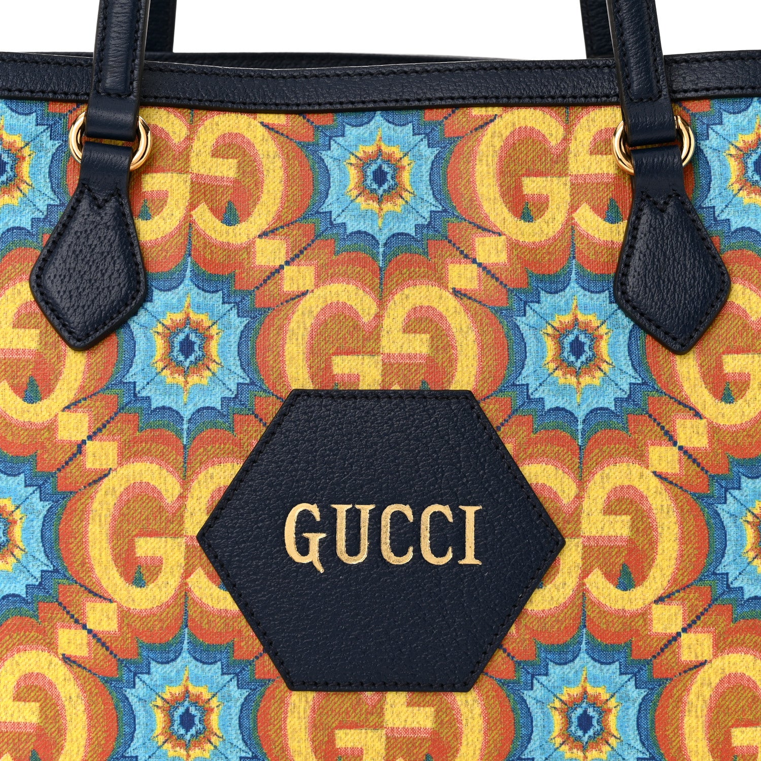 Gucci GG Supreme Kaleidoscope Calfskin Script Logo Gucci 100 Tote Bag Blue Orange Multicolor Blue Agata 7 of 10