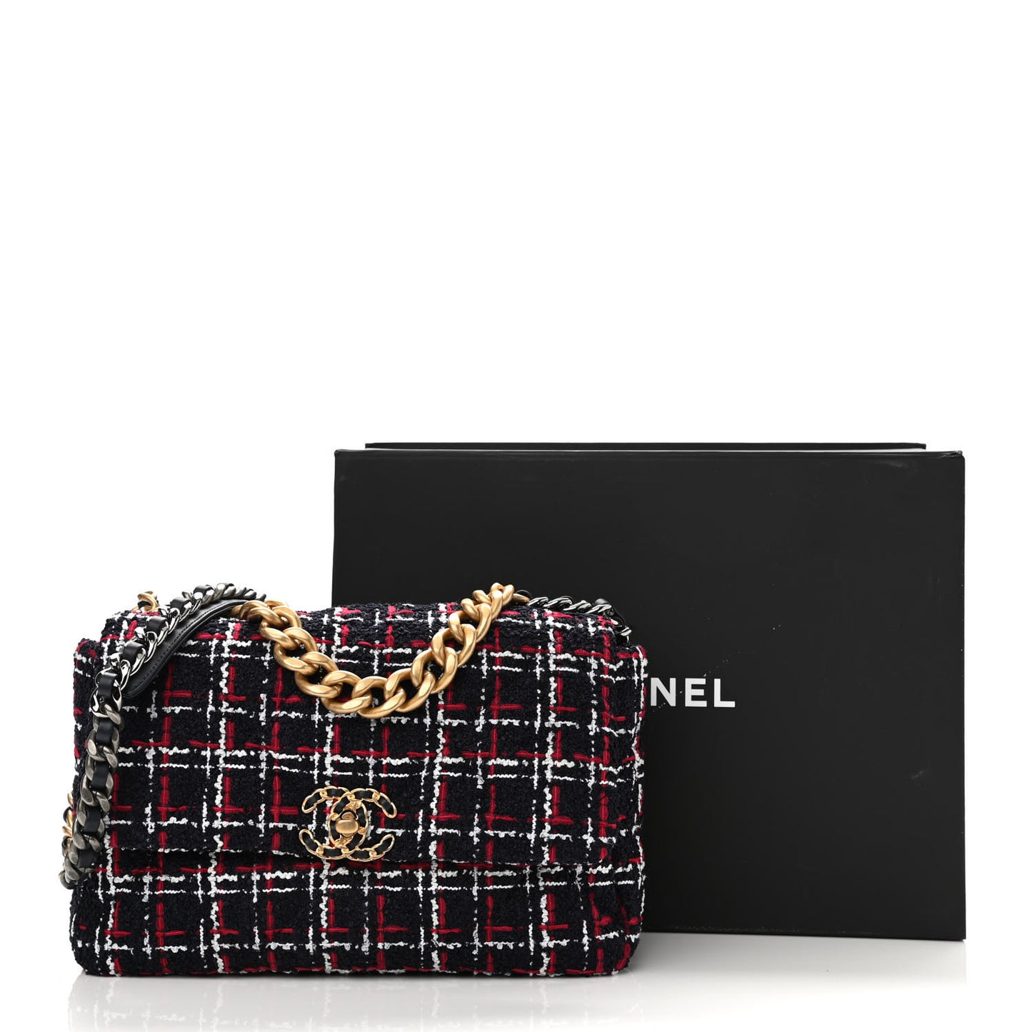 Tweed Quilted Large Chanel 19 Flap Navy Blue White Red