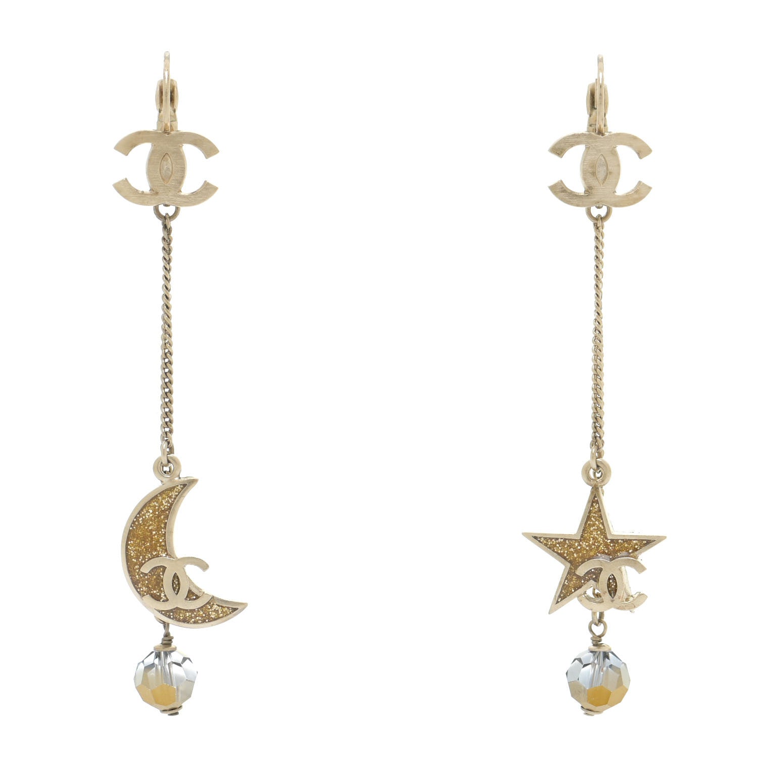 Chanel Metal Crystal Star Moon Earrings Gold 1 of 7