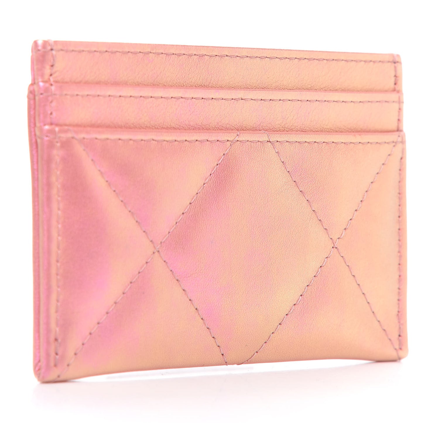Iridescent Calfskin Quilted Chanel 19 Card Holder Pink