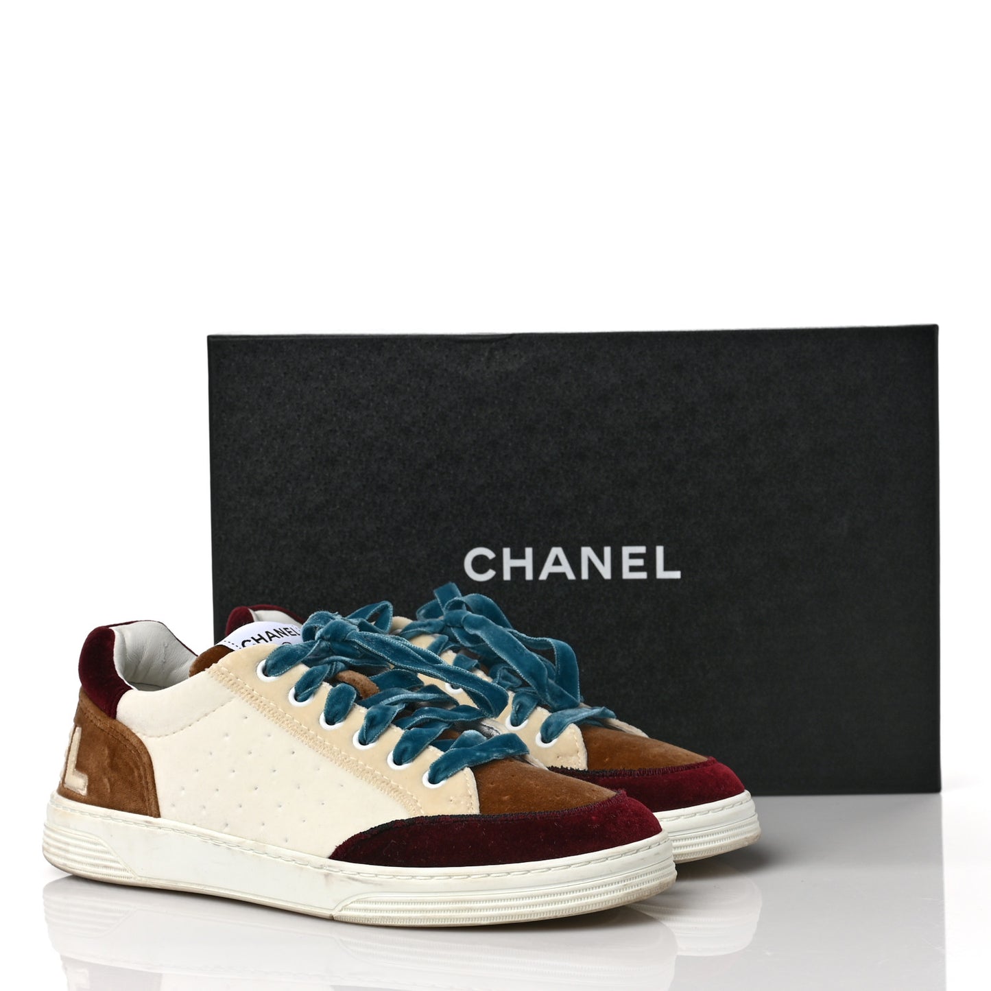 Calfskin Velvet Womens Logo Sneakers 38.5 White Beige Burgundy