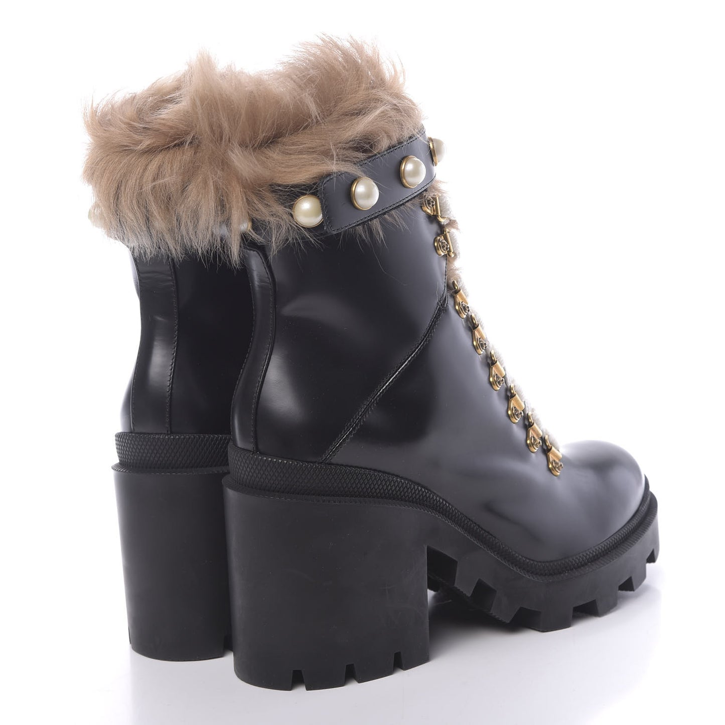 Magnum Calfskin Fur Pearl Lace Up Combat Ankle Boots 39 Black Naturale