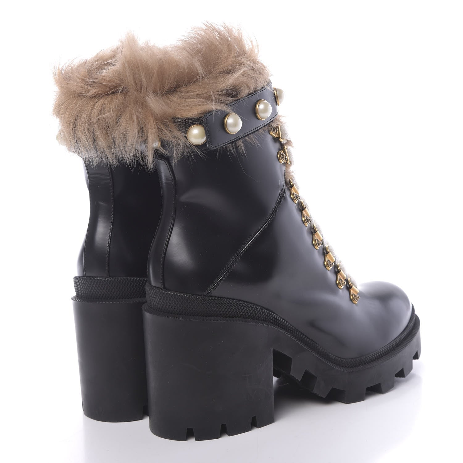 Gucci Magnum Calfskin Fur Pearl Lace Up Combat Ankle Boots 39 Black Naturale 4 of 7