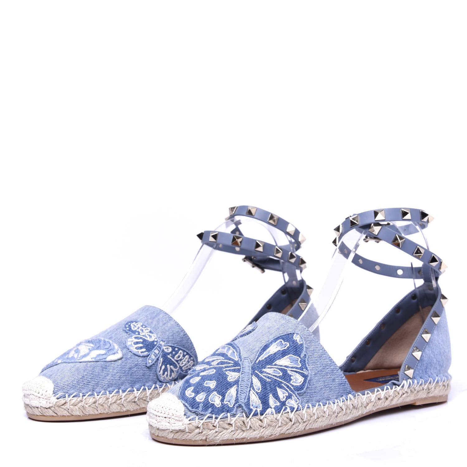Valentino Garavani Denim Butterfly Rockstud Ankle Wrap Espadrille 20mm Flats 40 Light Denim 3 of 10