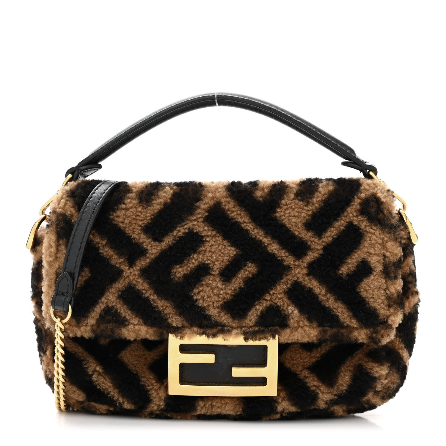 Fendi Shearling Vitello Dolce Macro FF 1974 Mini Baguette Tobacco Black 1 of 10