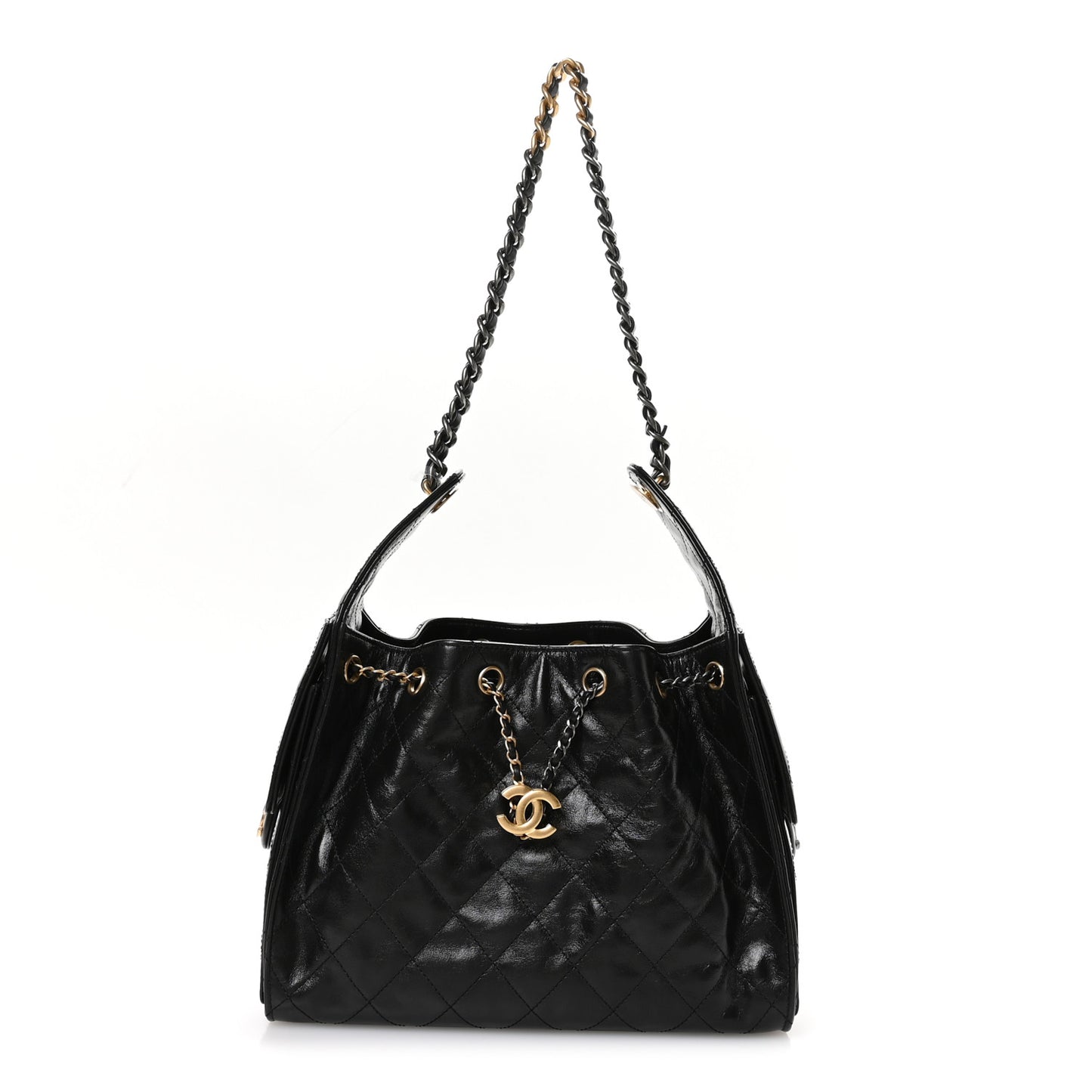 Shiny Crumpled Calfskin Quilted Small Chanel 25 Handbag Black