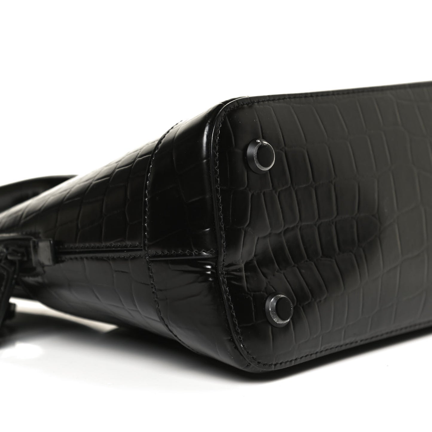 Calfskin Crocodile Embossed S Rivet Ville Top Handle Bag Black