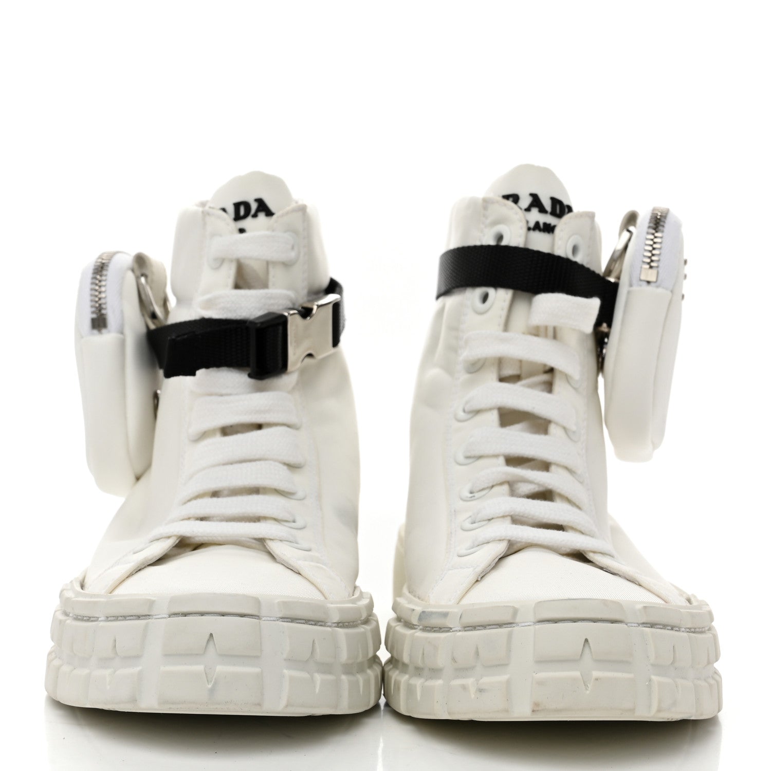 Prada Re-Nylon Gabardine Metal Triangle Logo Wheel Pouch Pocket High Top Sneakers 38.5 White 3 of 9