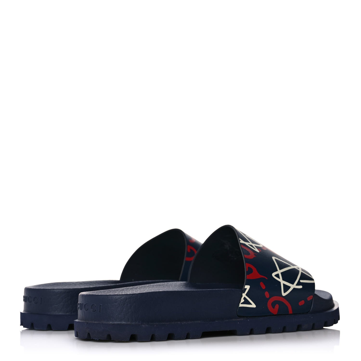 Gucci Calfskin Rubber GucciGhost Mens Lug Sole Slide Sandals 7 Blue Agata Hibiscus Red 4 of 10