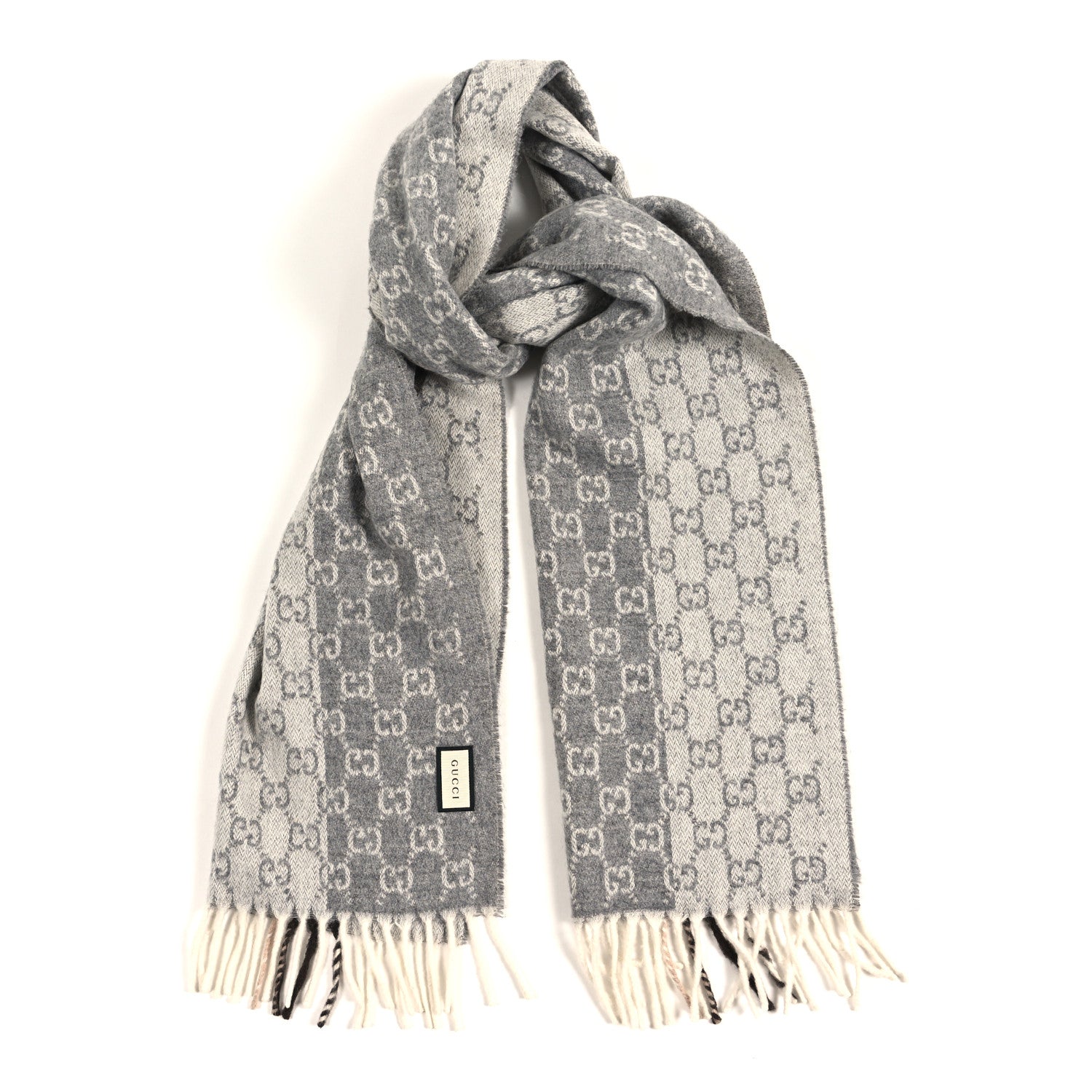 Gucci Cashmere Wool Monogram Web Fringe Scarf Grey Beige Brown 1 of 3