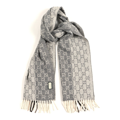 Gucci Cashmere Wool Monogram Web Fringe Scarf Grey Beige Brown 1 of 3