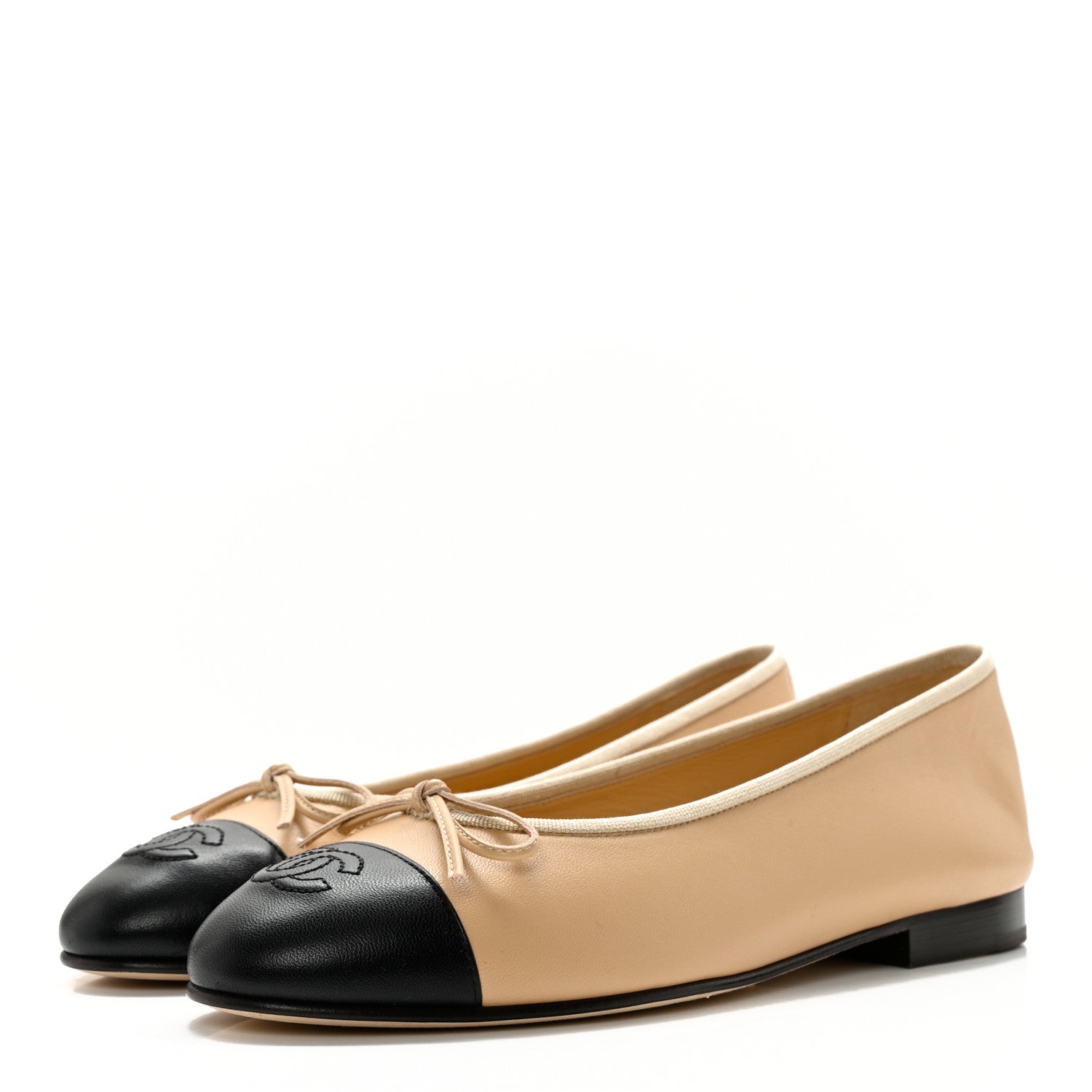 Chanel Lambskin Cap Toe CC Ballerina Flats 37.5 Beige Black 3 of 12