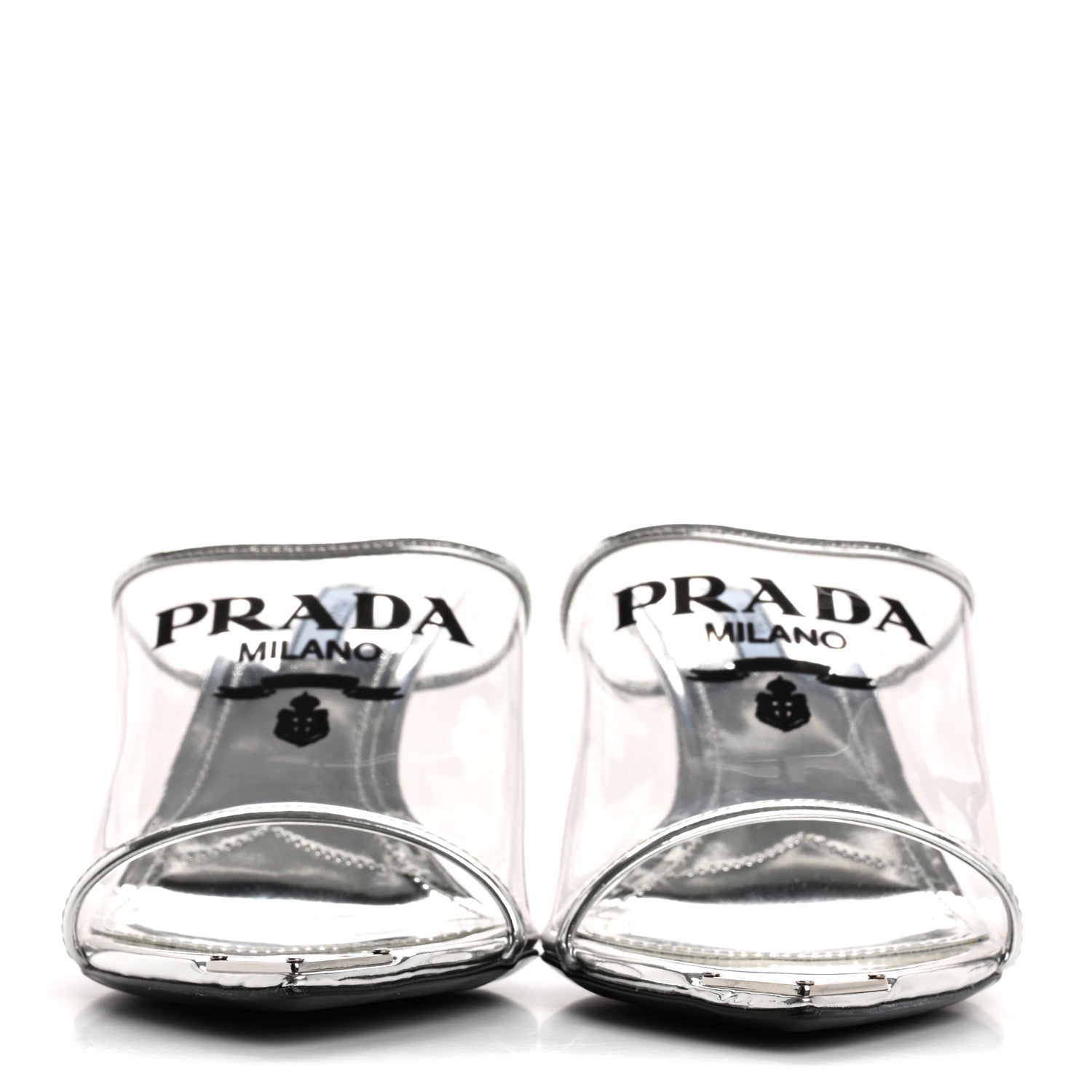 Prada Plexiglass Metallic Calfskin Metal Triangle Logo 75mm Slide Sandals 39 Argento 3 of 9