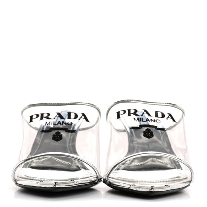 Prada Plexiglass Metallic Calfskin Metal Triangle Logo 75mm Slide Sandals 39 Argento 3 of 9