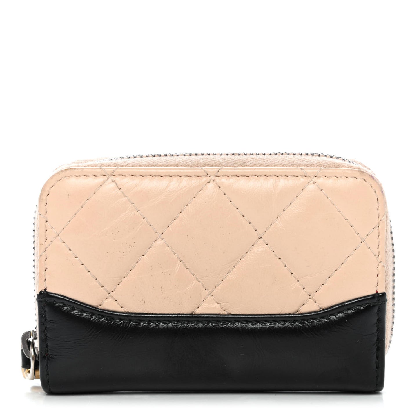 Aged Calfskin Quilted Gabrielle Zip Around Coin Purse Wallet Beige Black