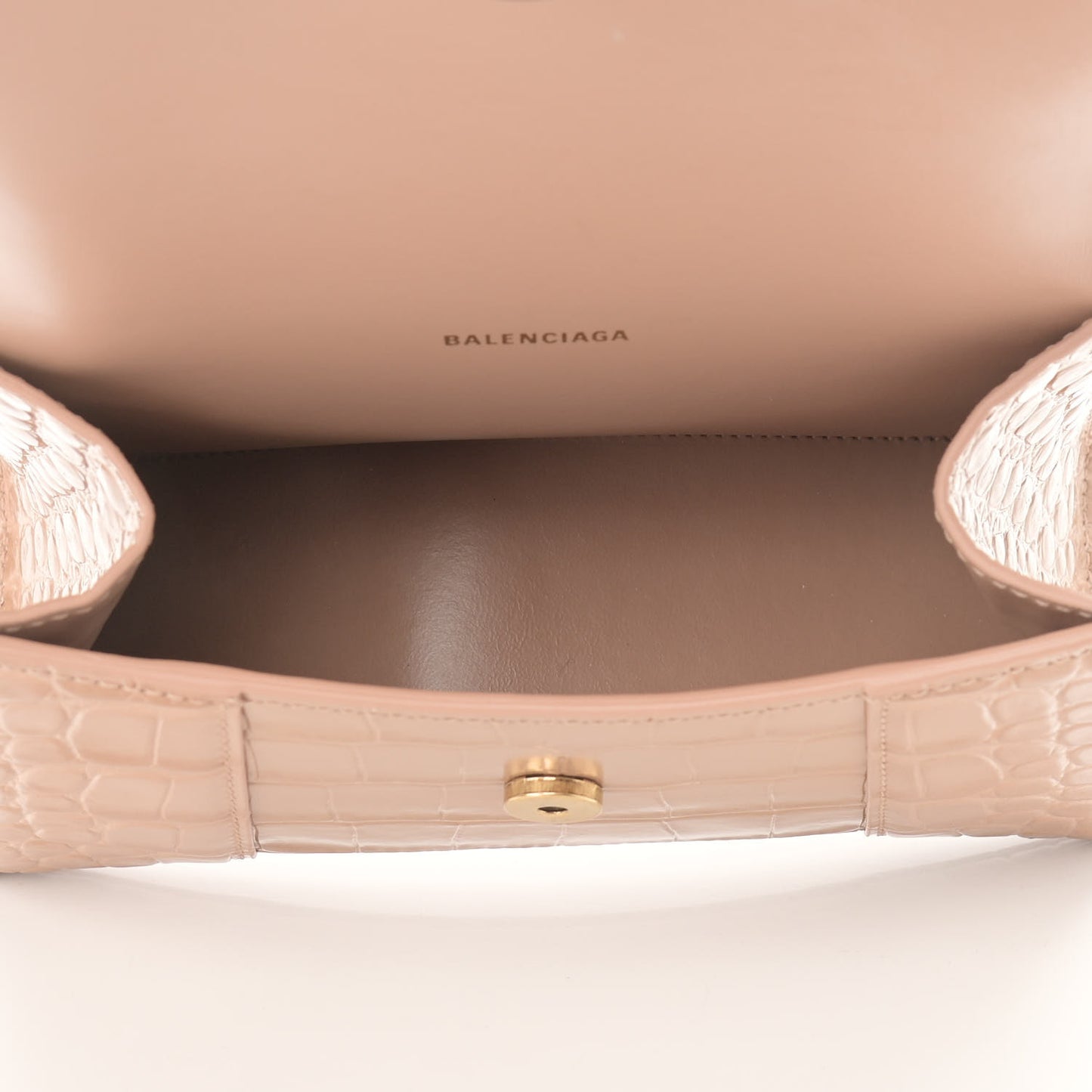 Shiny Calfskin Crocodile Embossed Hourglass Top Handle Bag XS Nude Beige
