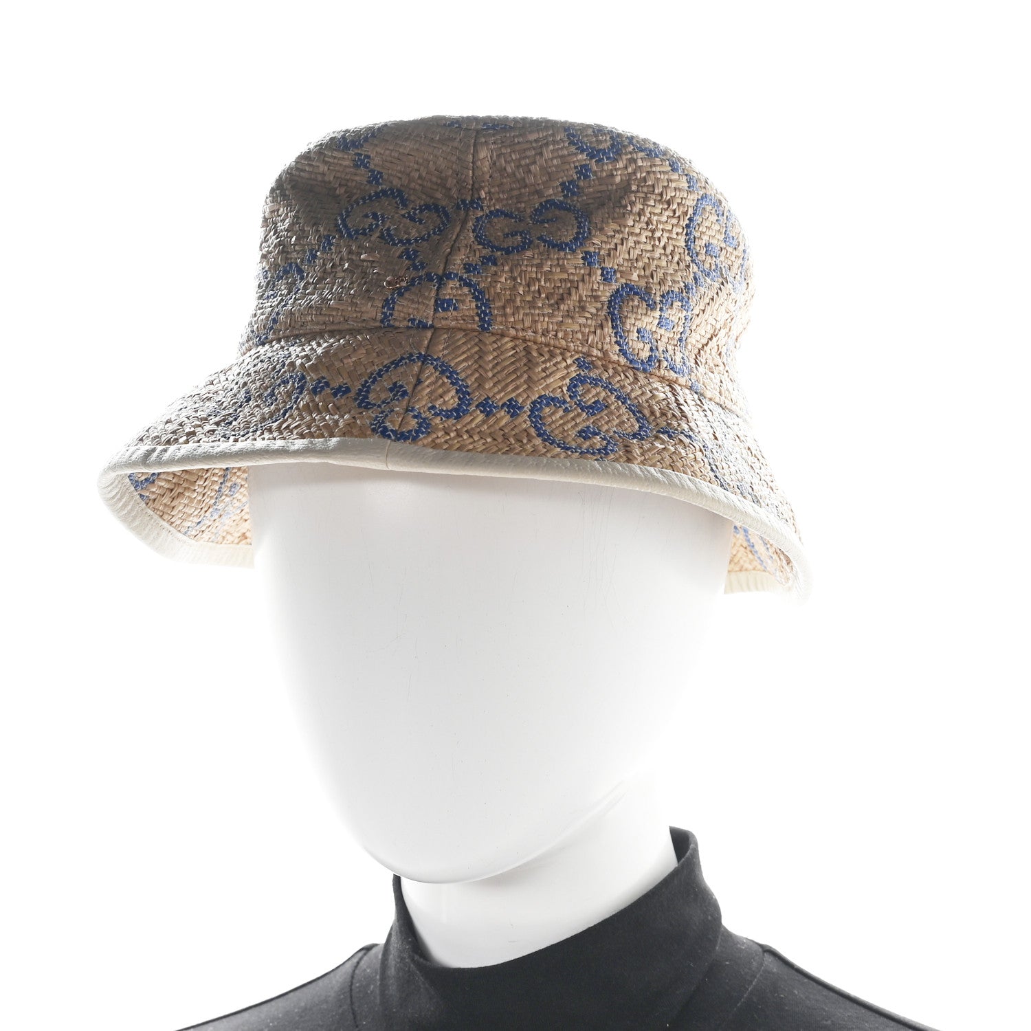 Gucci Raffia GG Monogram Embroidered Fedora Hat S Beige Blue 2 of 9
