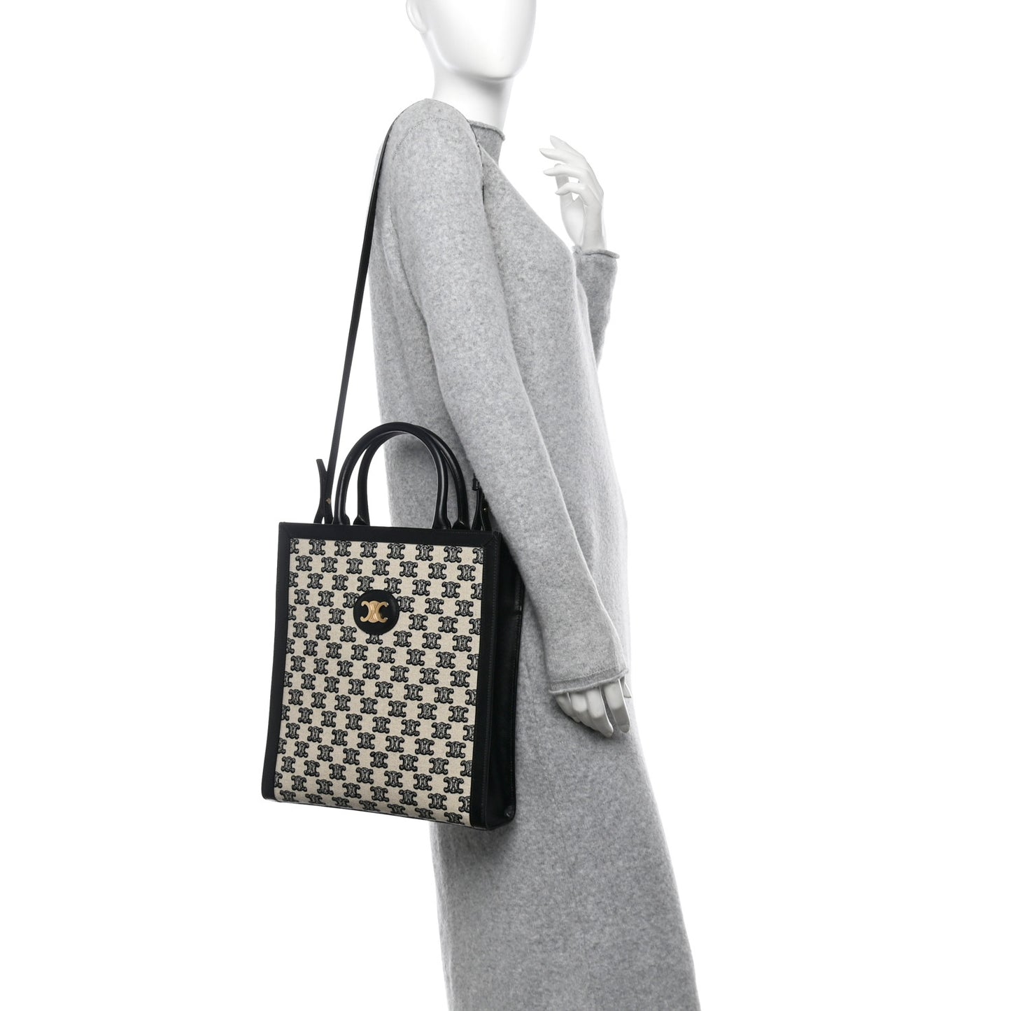 Canvas Calfskin Triomphe Small Vertical Cabas Black White